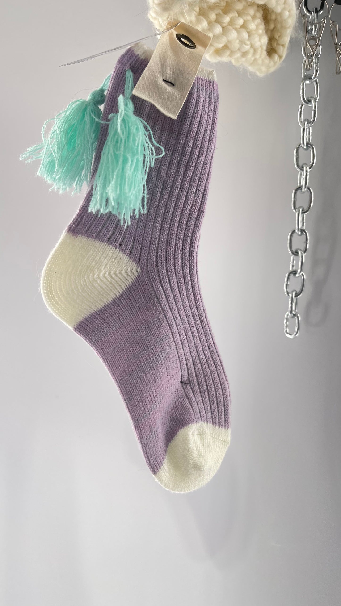 Free People Lavender Purple and White Knit Beanie and Sock Set