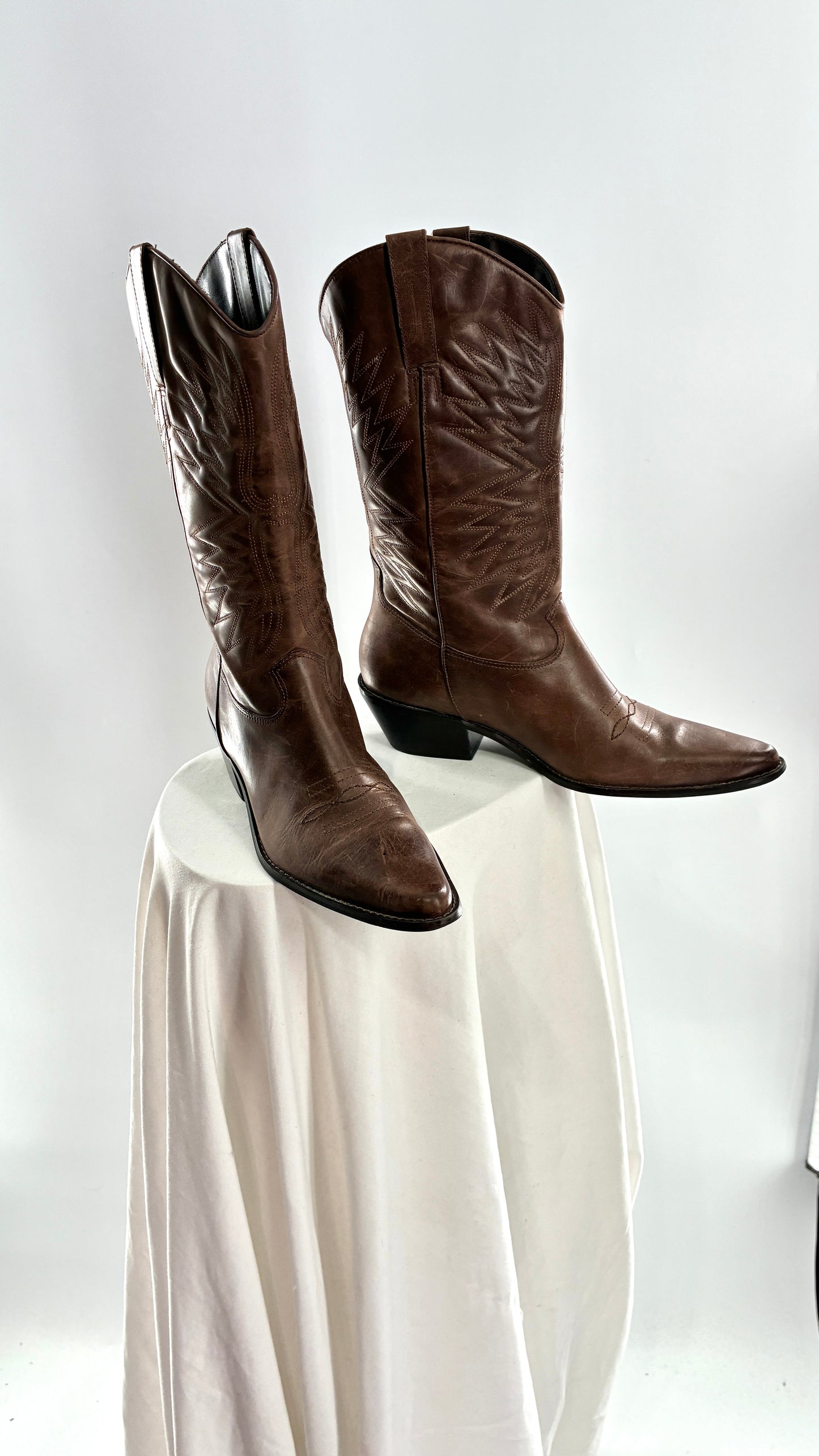 Vintage Genuine Leather Brown Cowboy Boots Made in Brazil (9.5)