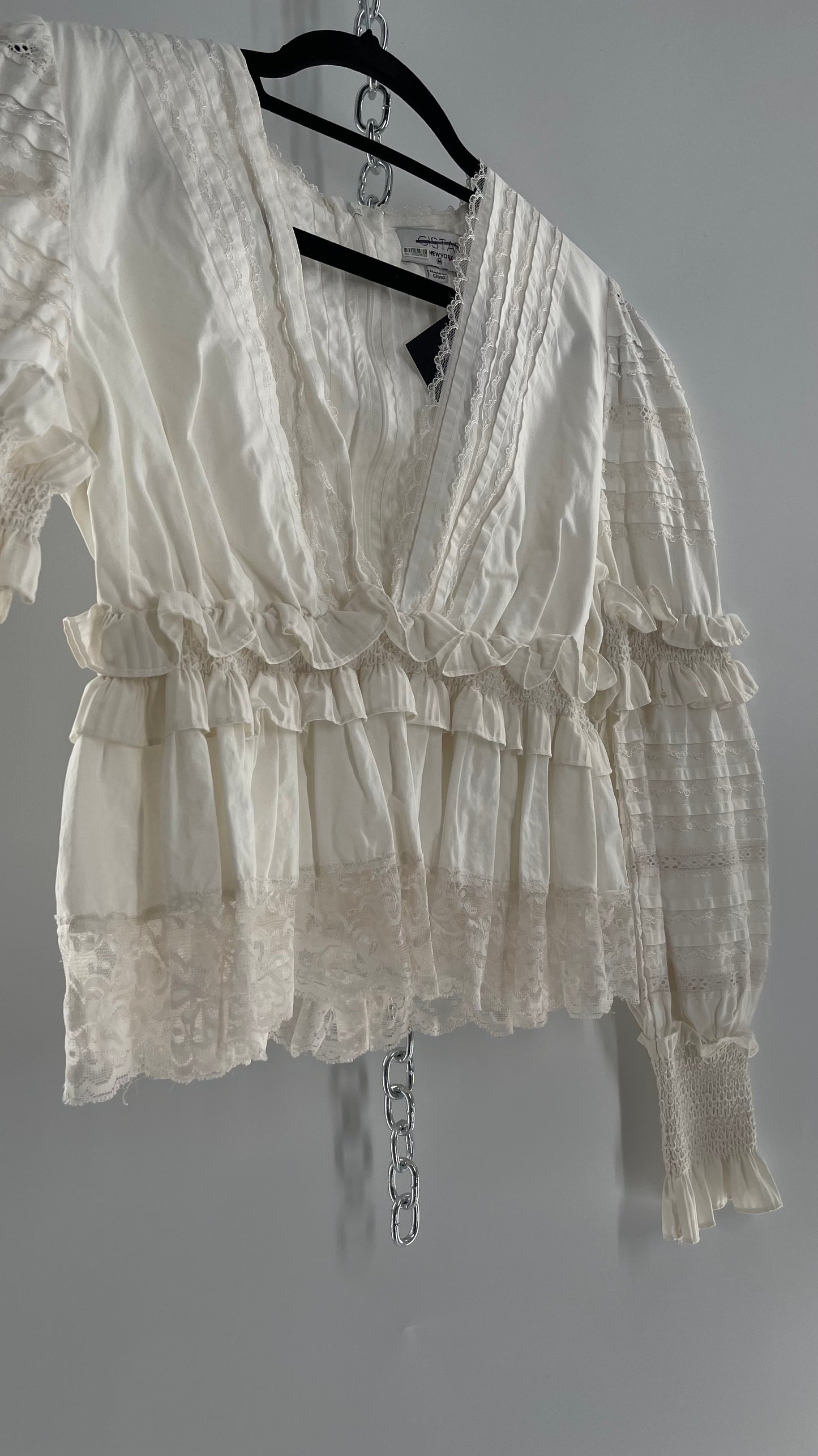 CISTAR NEW YORK White Balloon Sleeve Blouse Adorned in Delicate Ruffled and Lace (Medium)