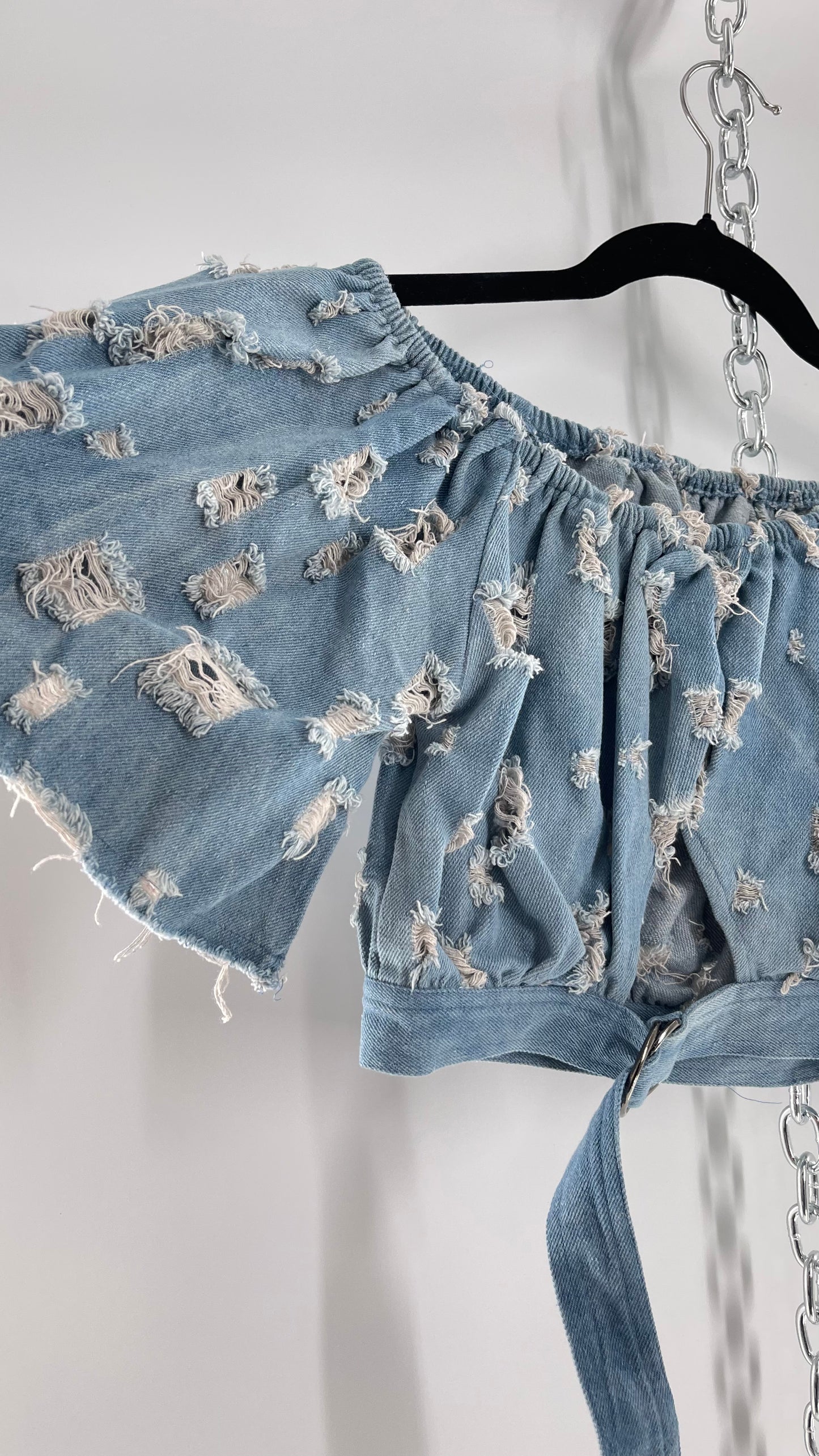 Homage Distressed Denim Crop Top with Keyhole Bust Cutout and Buckle (Medium)