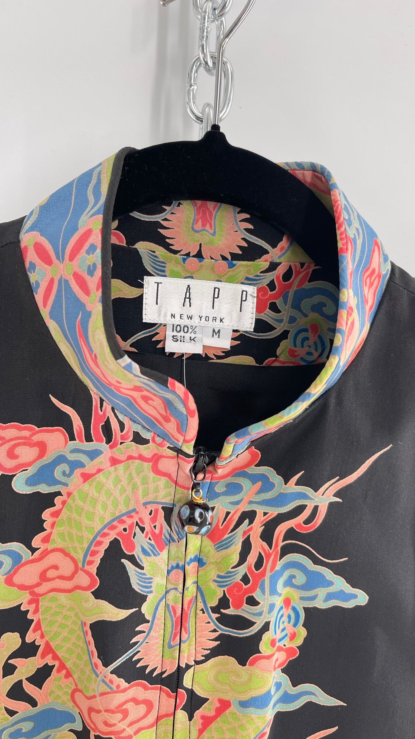 Vintage 1990s TAPP NEW YORK 100% Dragon Graphic Zip Front Crop Sleeveless Vest Top Silk (Medium)