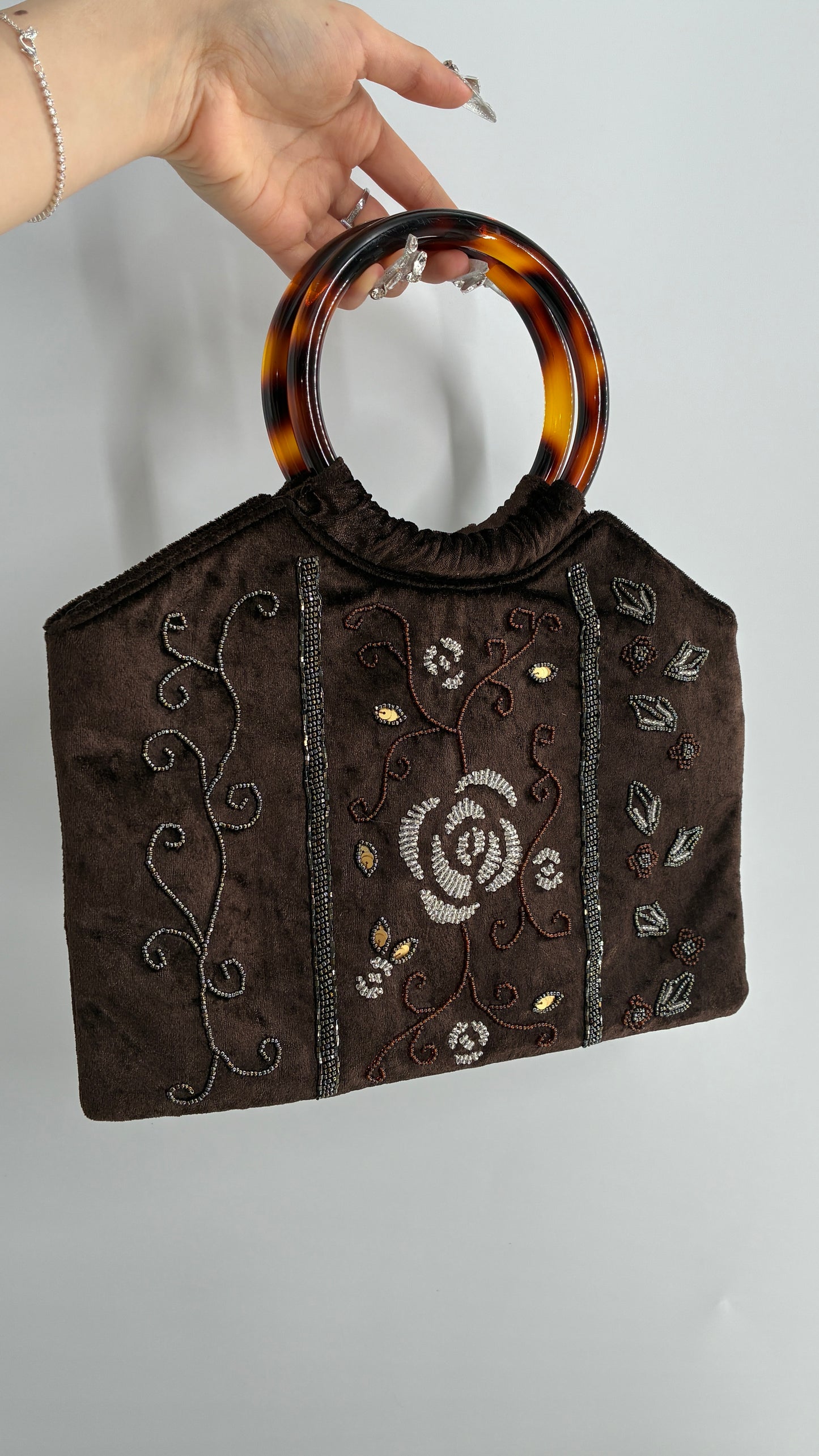 Vintage Silver Blue USA Brown Beaded Velvet Handbag with Circular Clutch