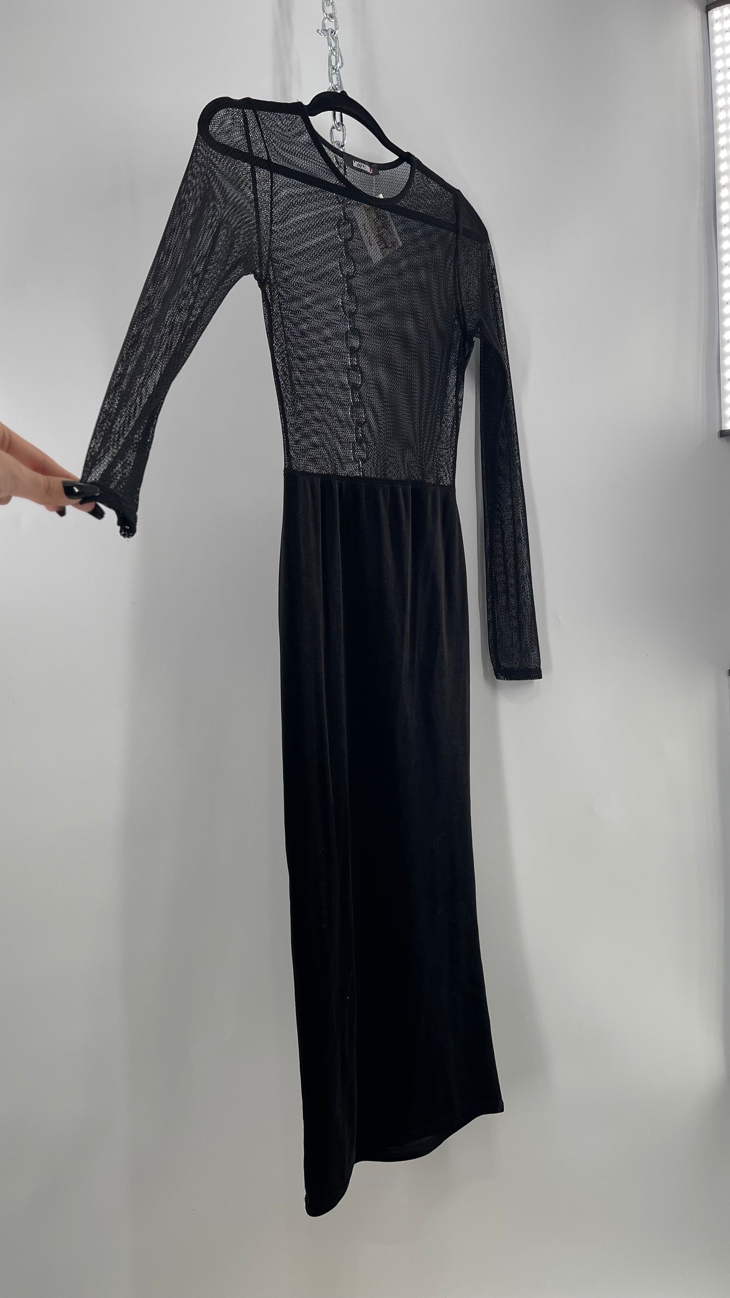 MISSGUIDED Black Midi Bodycon with Velvet Skirt and Mesh Bodice (4)