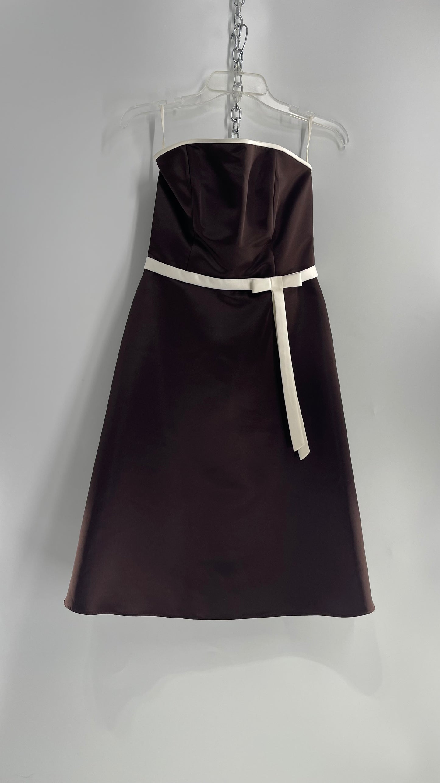 Vintage 90s Style Scott McClintock Dark Brown Satin A-Line Dress with Straight Bust Line (6)