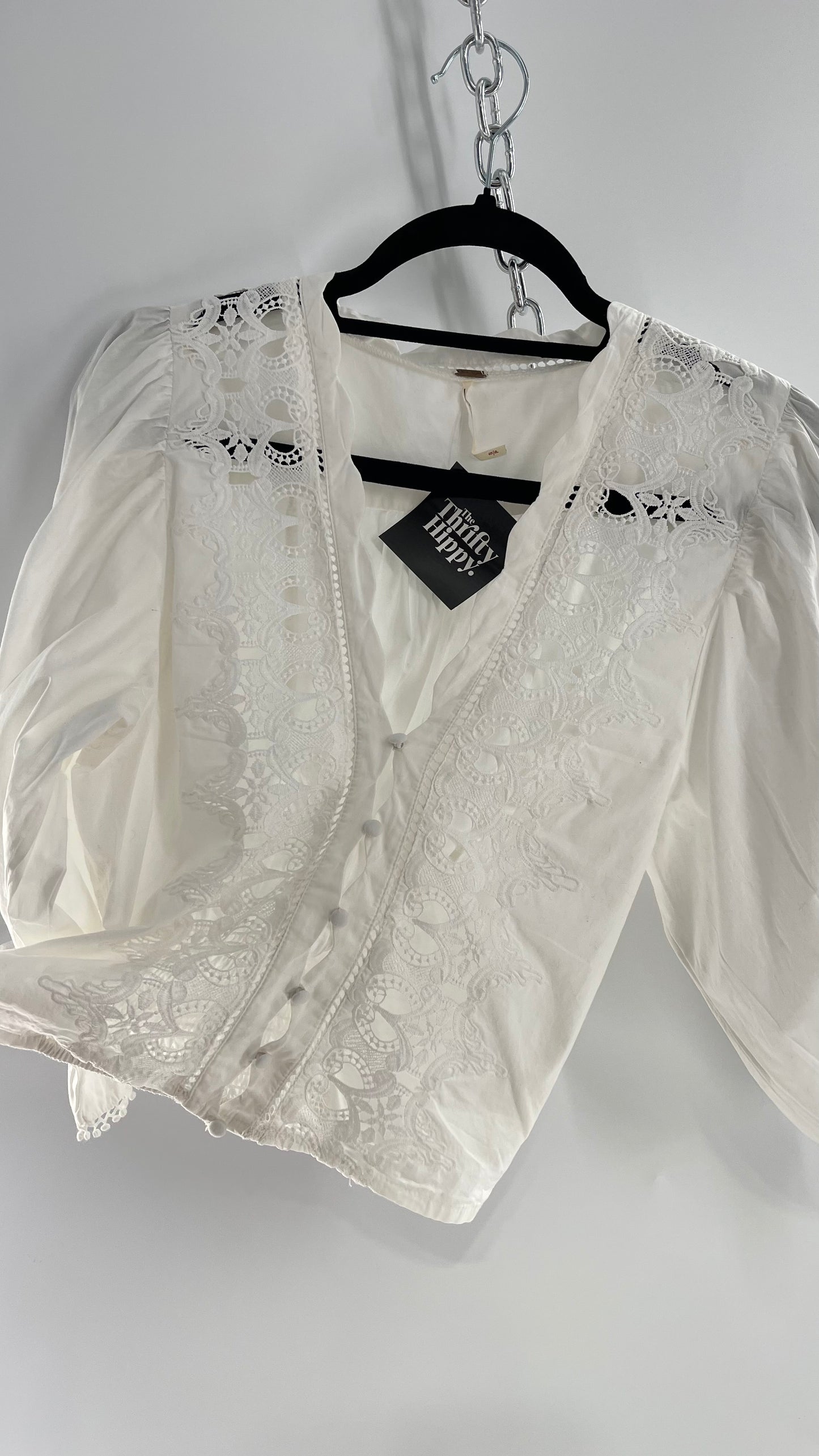 Free People White Puff Sleeve Prairie Blouse with Lace Details (Small)
