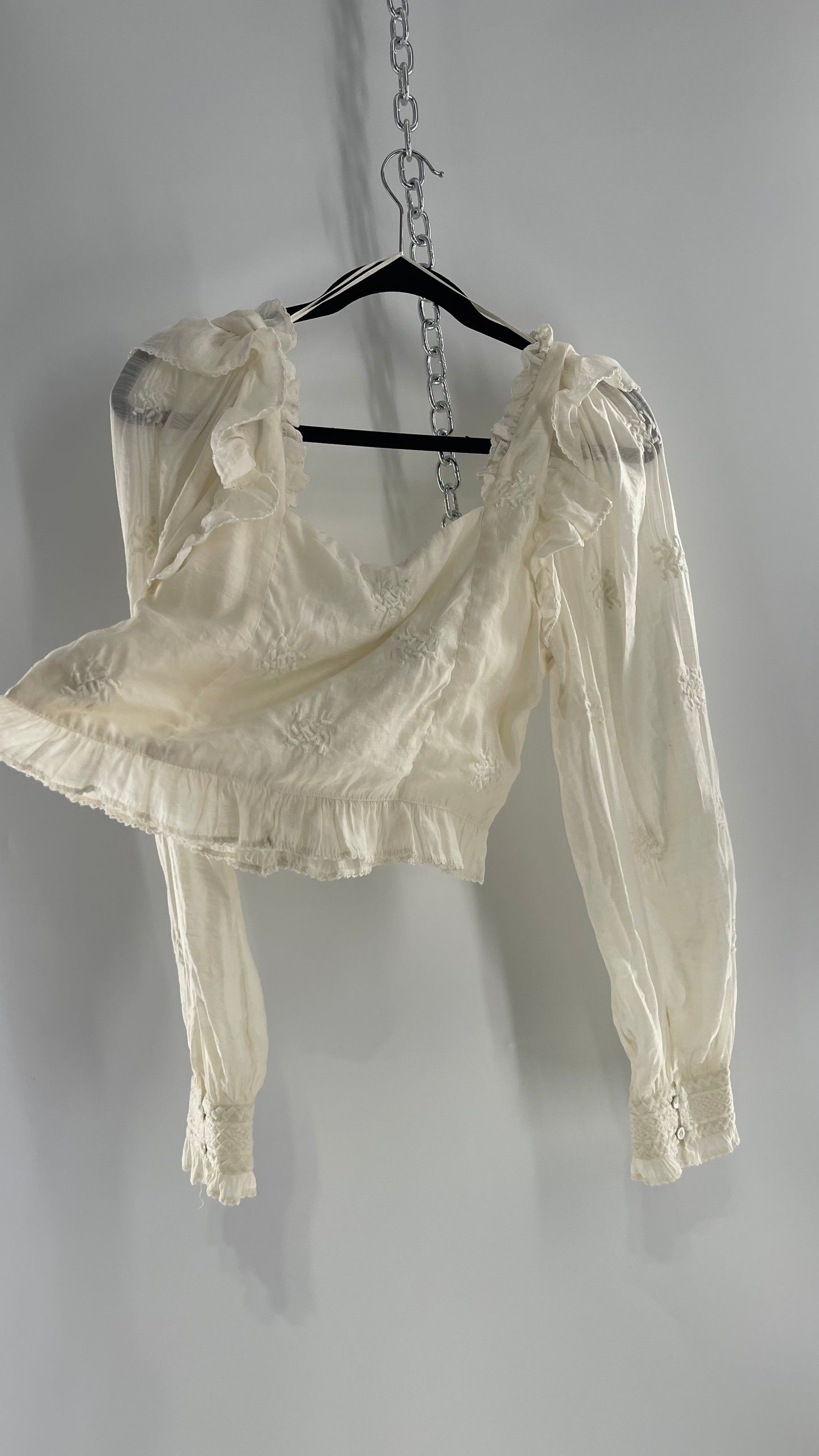 Free People White Cotton Bubble Sleeve Blouse with Embroidered Details (Medium)