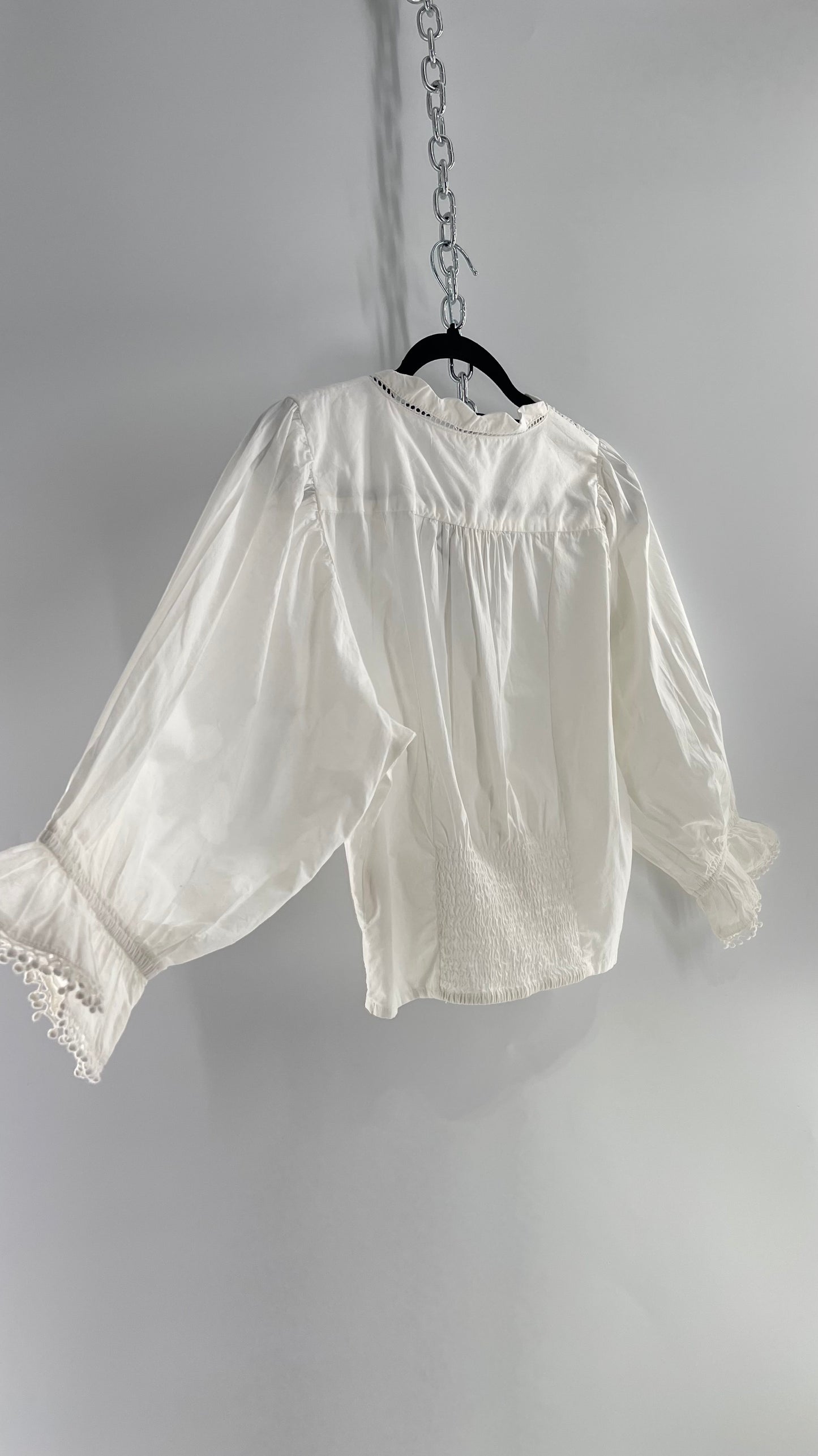 Free People White Puff Sleeve Prairie Blouse with Lace Details (Small)