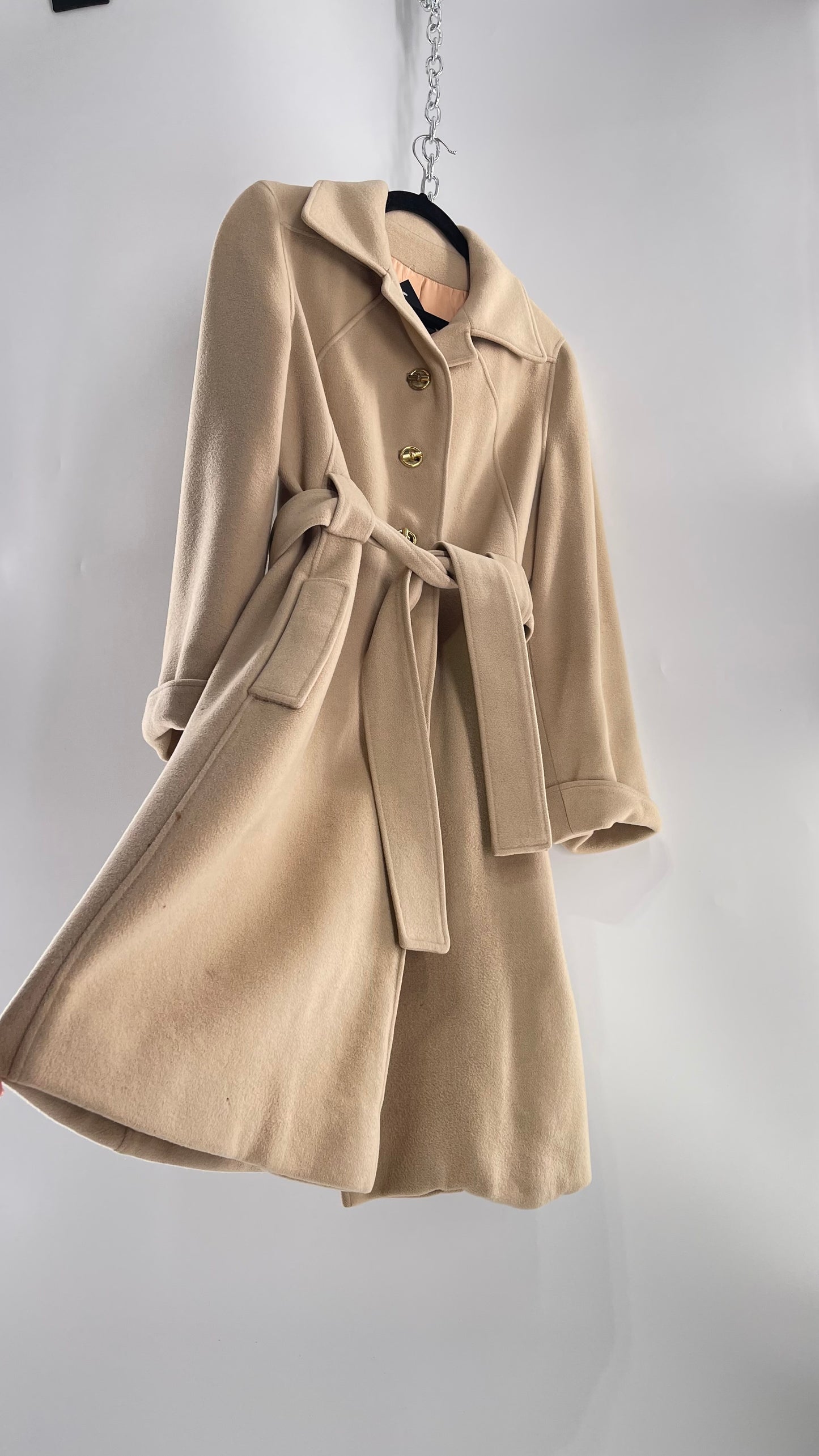 Vintage 100% Amicale Cashmere Beige Cream Coat with Apricot Satin Lining (C) (S/M)