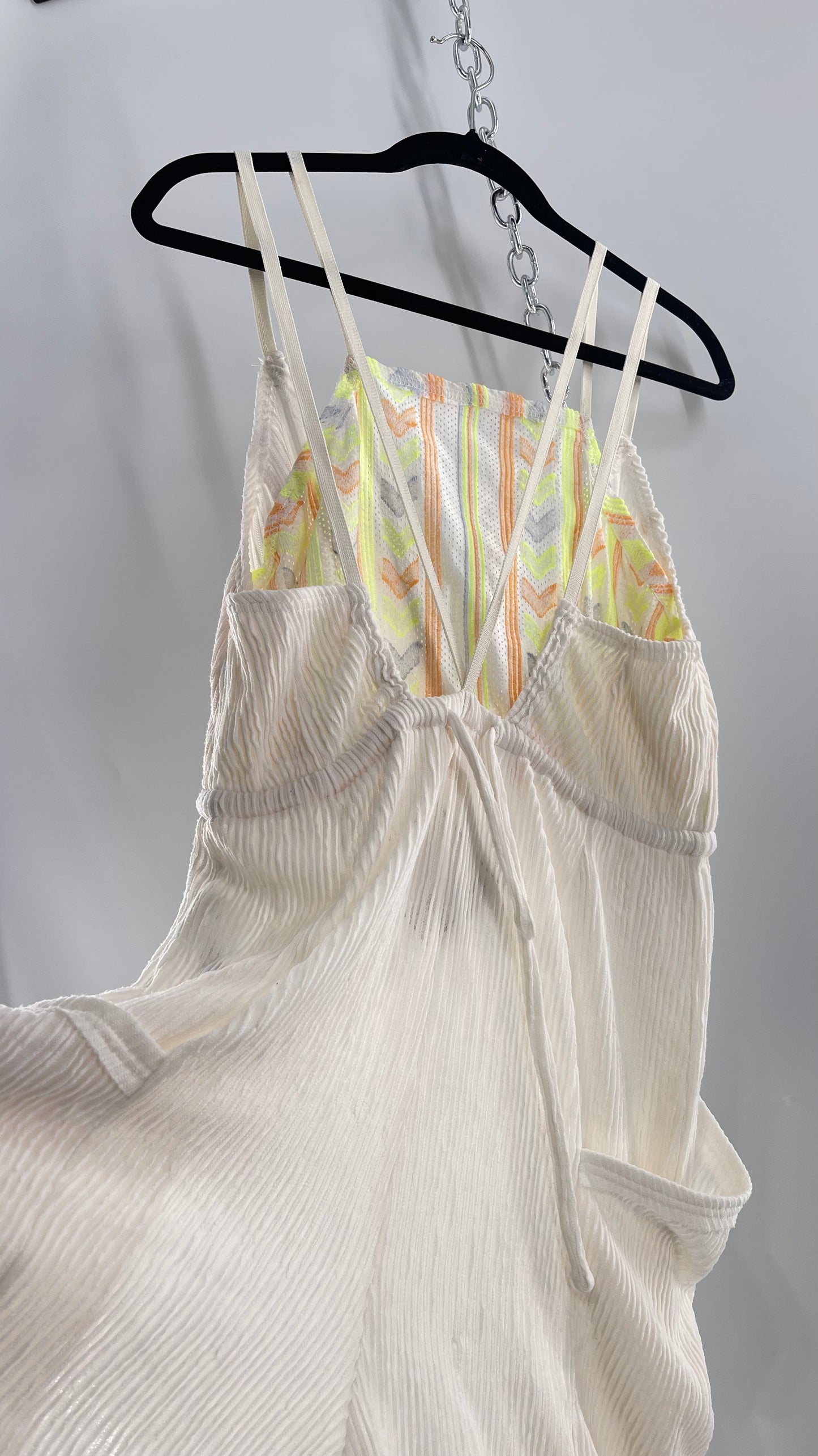 Free People Movement Cream Ribbed Jumpsuit with Yellow/Orange Embroidered Details and Waist Cinching Drawstring (Small)