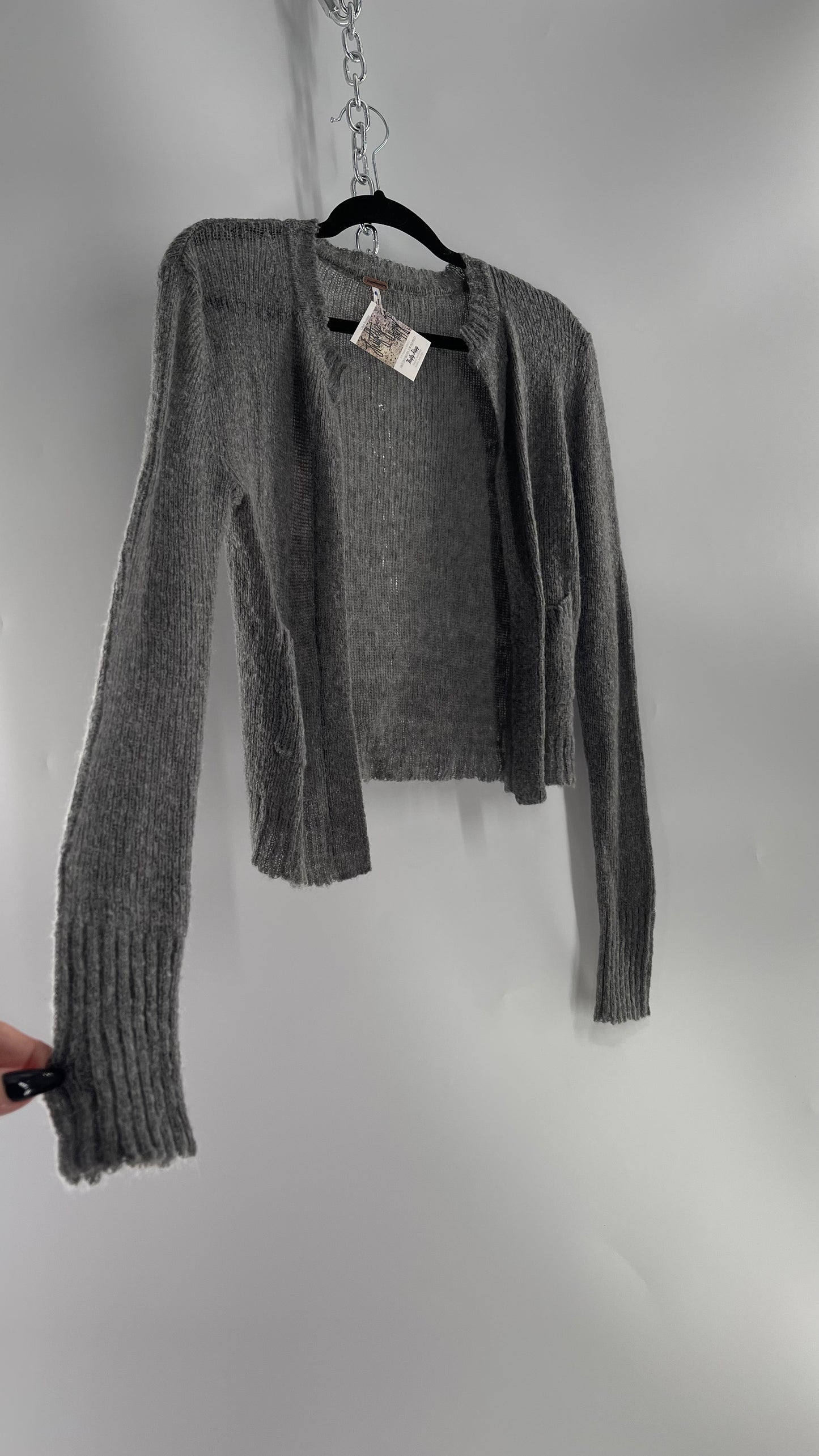 Free People Gray Pocketed Cropped Cardigan (XS) 29% Mohair 21% Wool