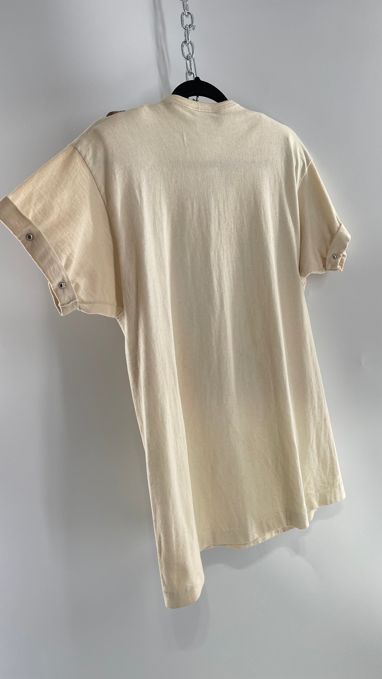 Vintage 1980s GEPETTO Off White Rodeo Western T Shirt with Denim Lined V Neck, Faux Leather Fringe Detail, Embroidery, and Heavy Duty Studs