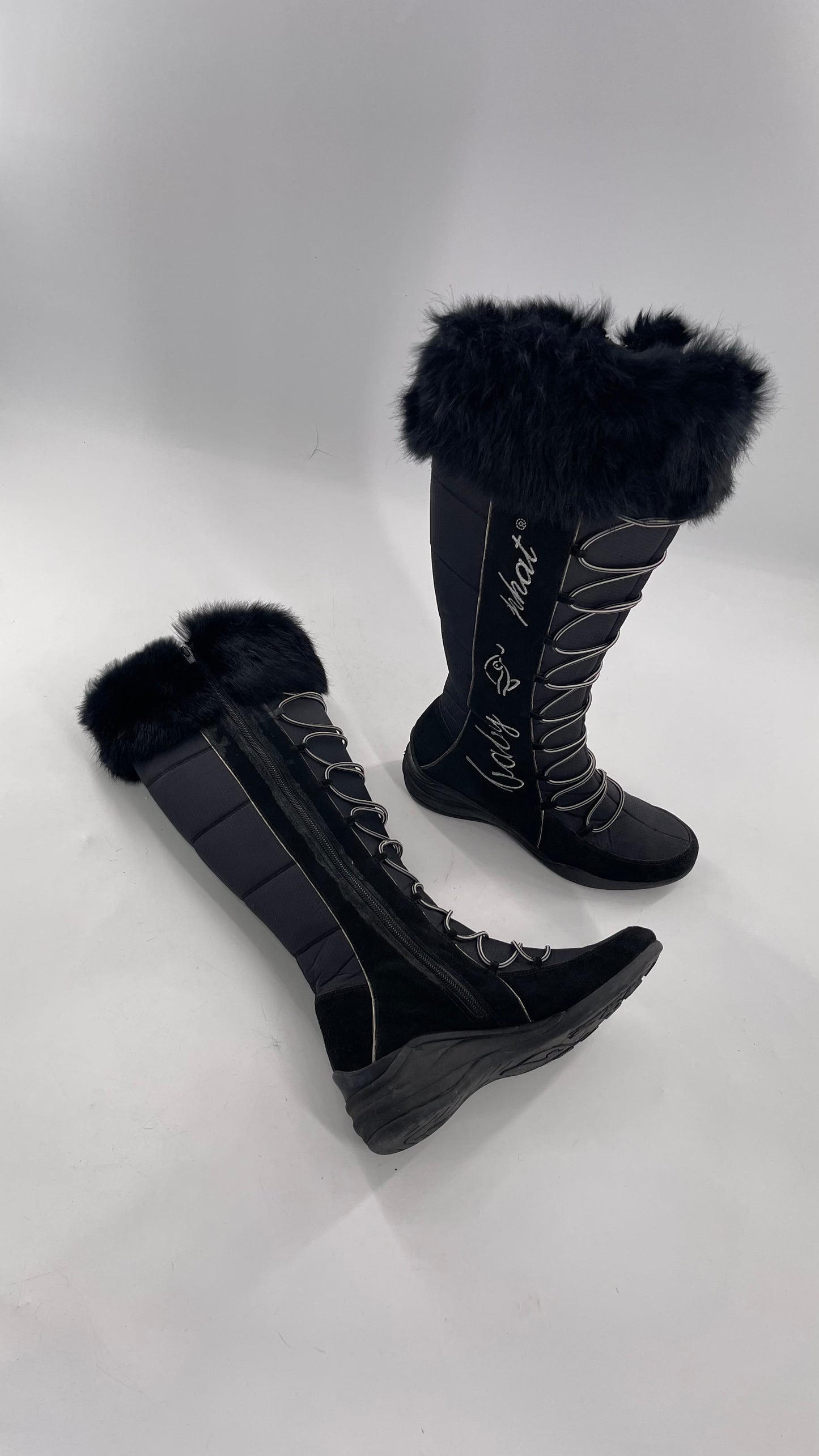 Baby Phat Black Knee High Boots with Rabbit Fur Trim, Bungee Cord Ties, and Embroidered Logo Design (8)