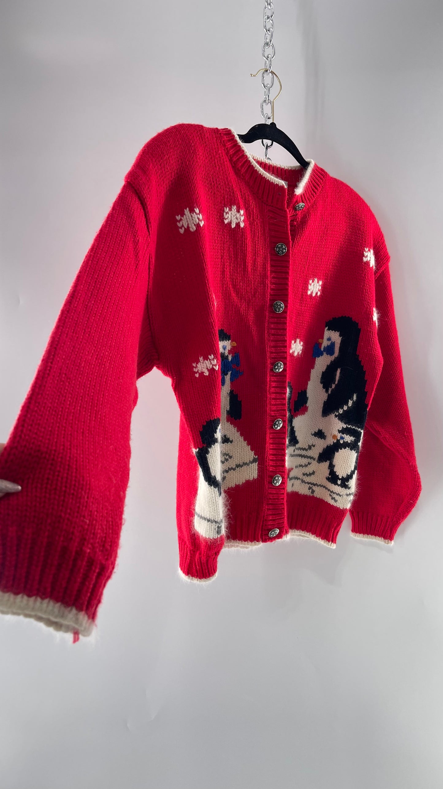 Vintage Karen Scott Silver Button Front, Red Cardigan with Shoulder Padding and the Sweetest Festive Penguins in Bow Ties (Large)