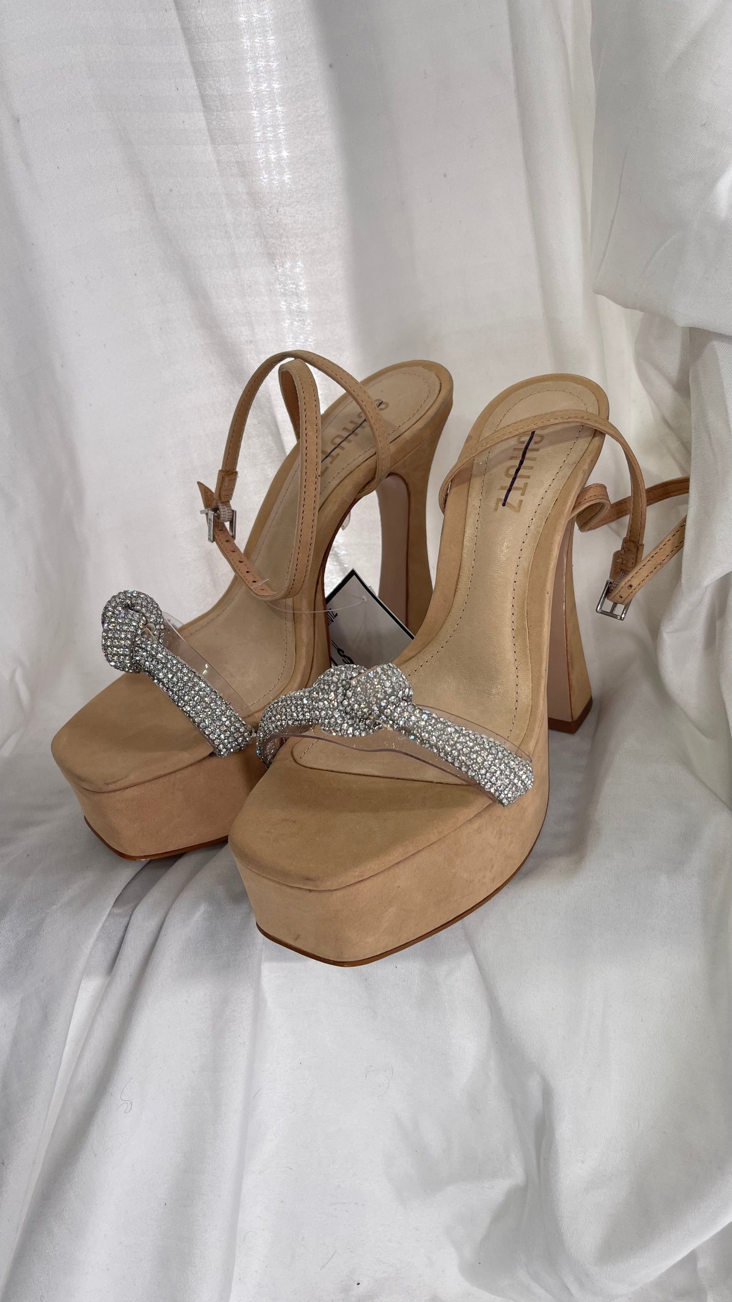 SCHÜTZ Peaky Beige/Tan/Nude Platform Heel with Funky Heel and Clear Knot Rhinestone Toe Strap (6)