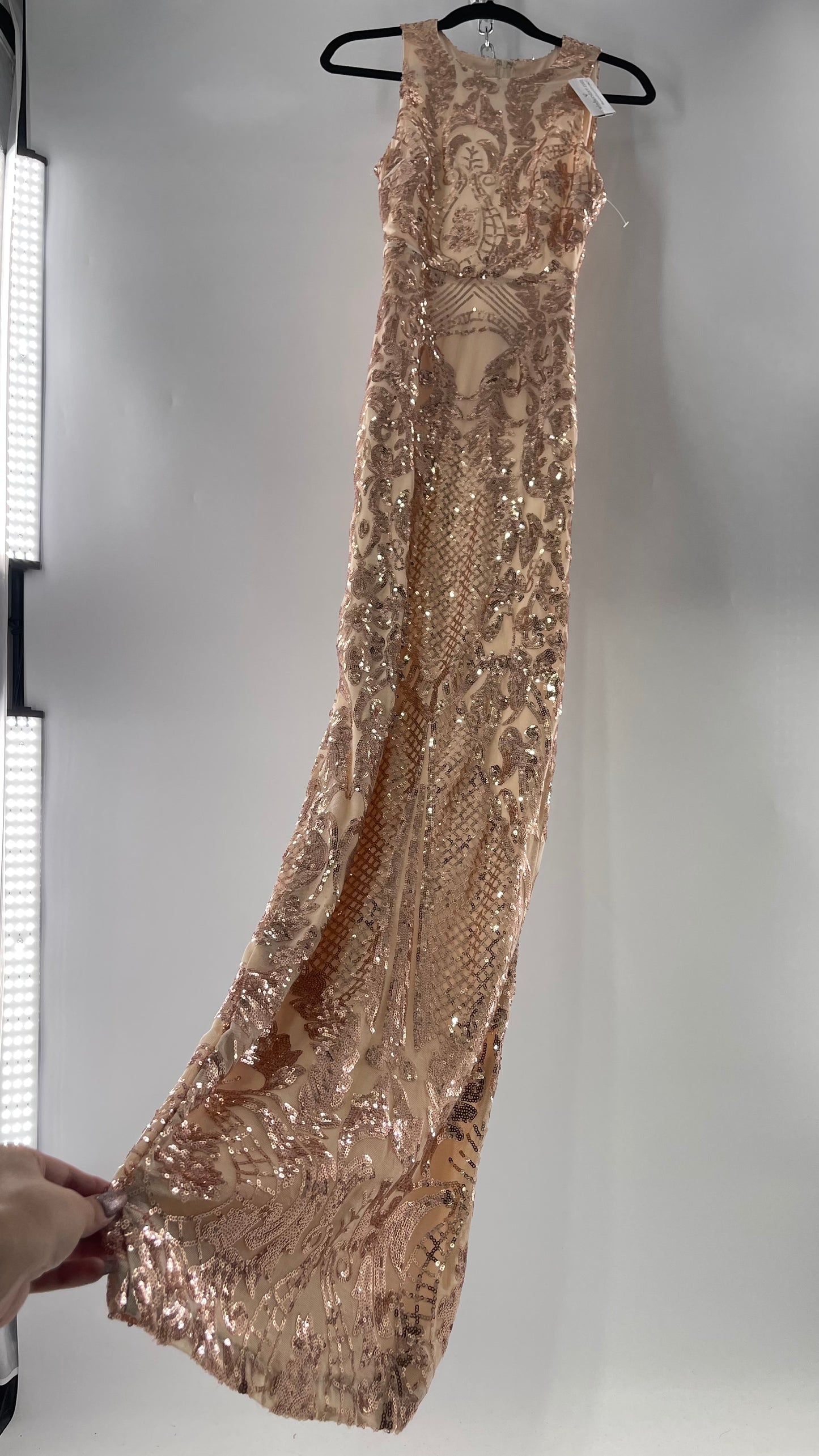Windsor Rose Gold Sequin Maxi Dress with Side Slit Detail and Open Back (Small)