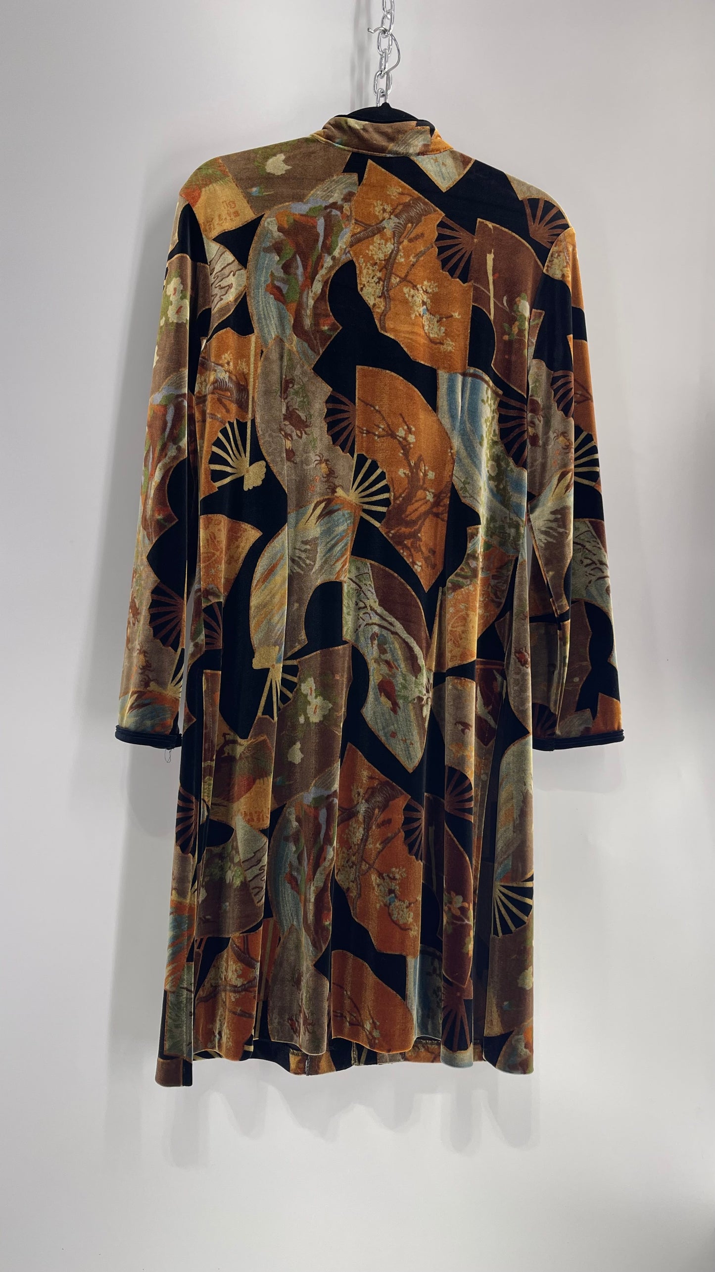 Vintage CLIO 1990s Black Velvet/Velour Fan Patterned Duster Coat (Medium)