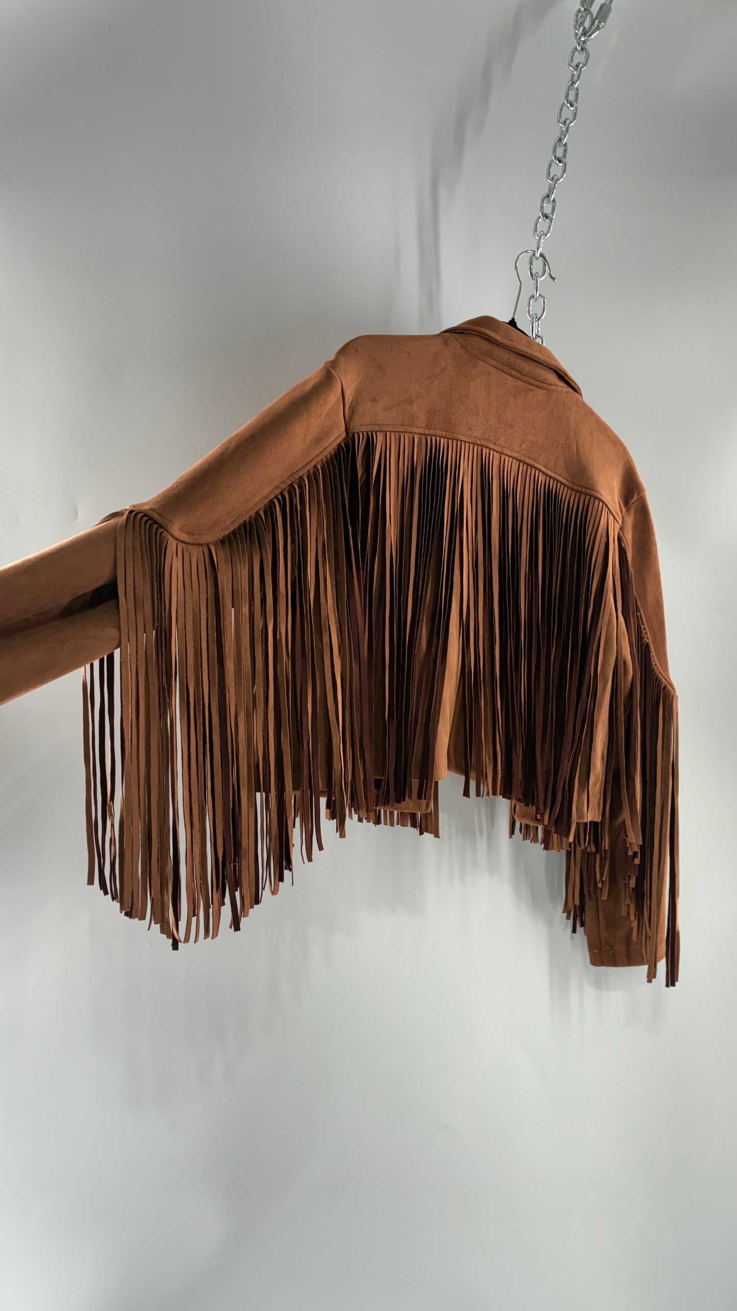 SINCERELY JULES Brown Vegan Suede Cropped Fringe Jacket (Medium)