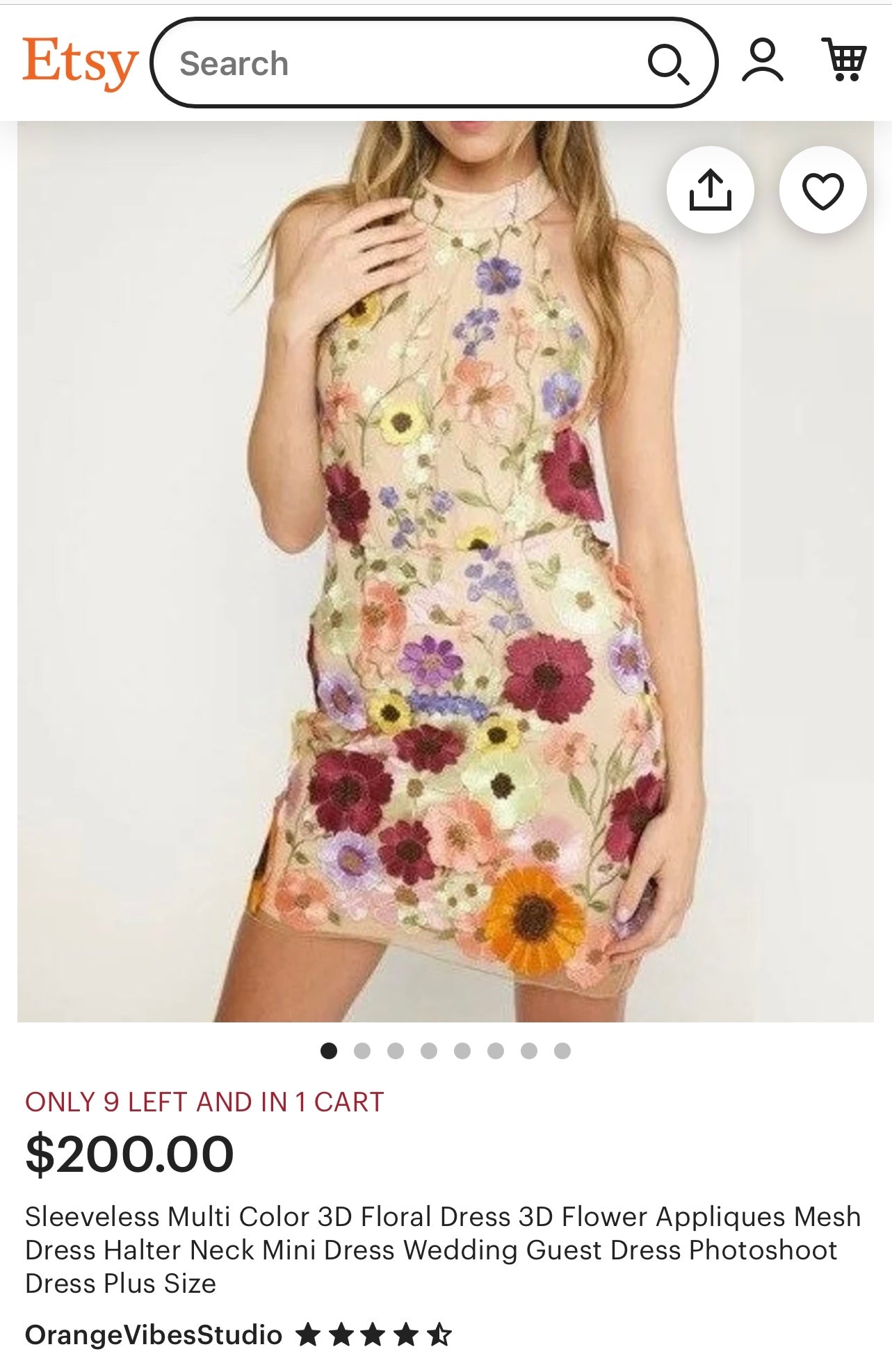 Mesh Backless Mini Dress with Halter Neckline covered in 3D Colorful Embroidered Flower Appliqués (Medium)