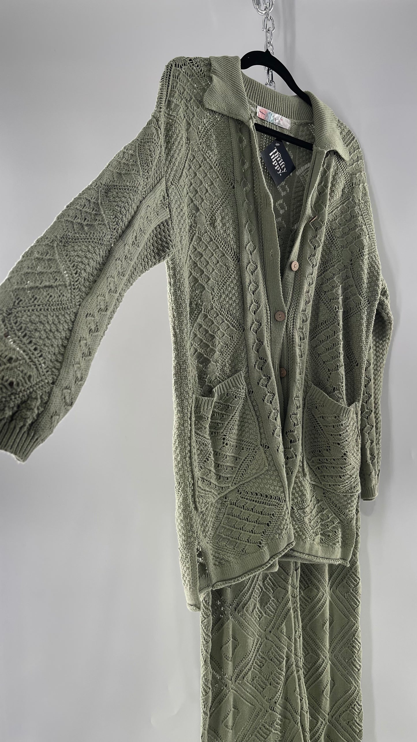 Free People Beach Sage Green Crochet Wooden Button Front Cardigan and Wide Leg Set (Medium)