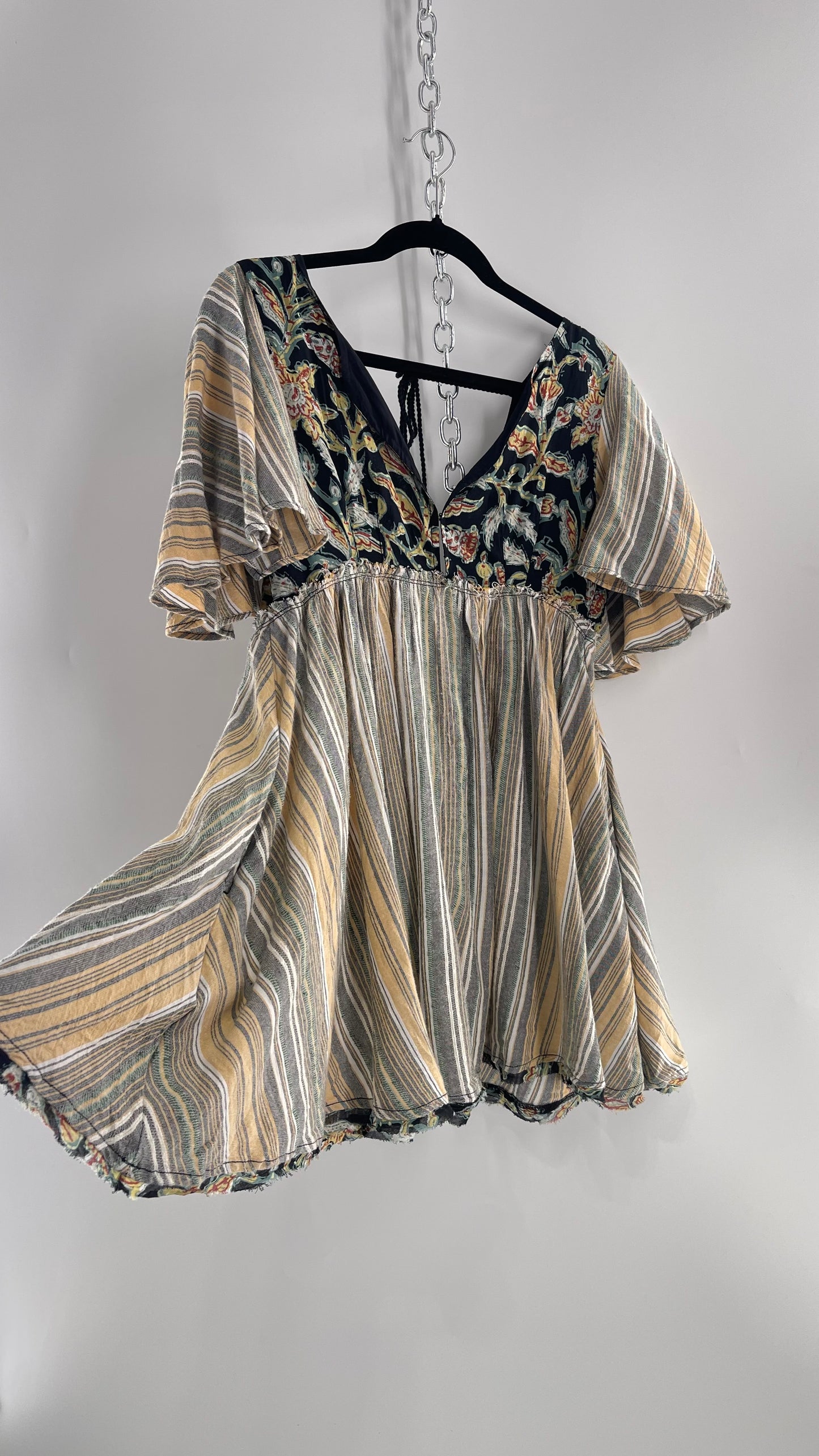 Free People Dual Fabric Floral/Woven Boho Babydoll Mini Dress (XS)