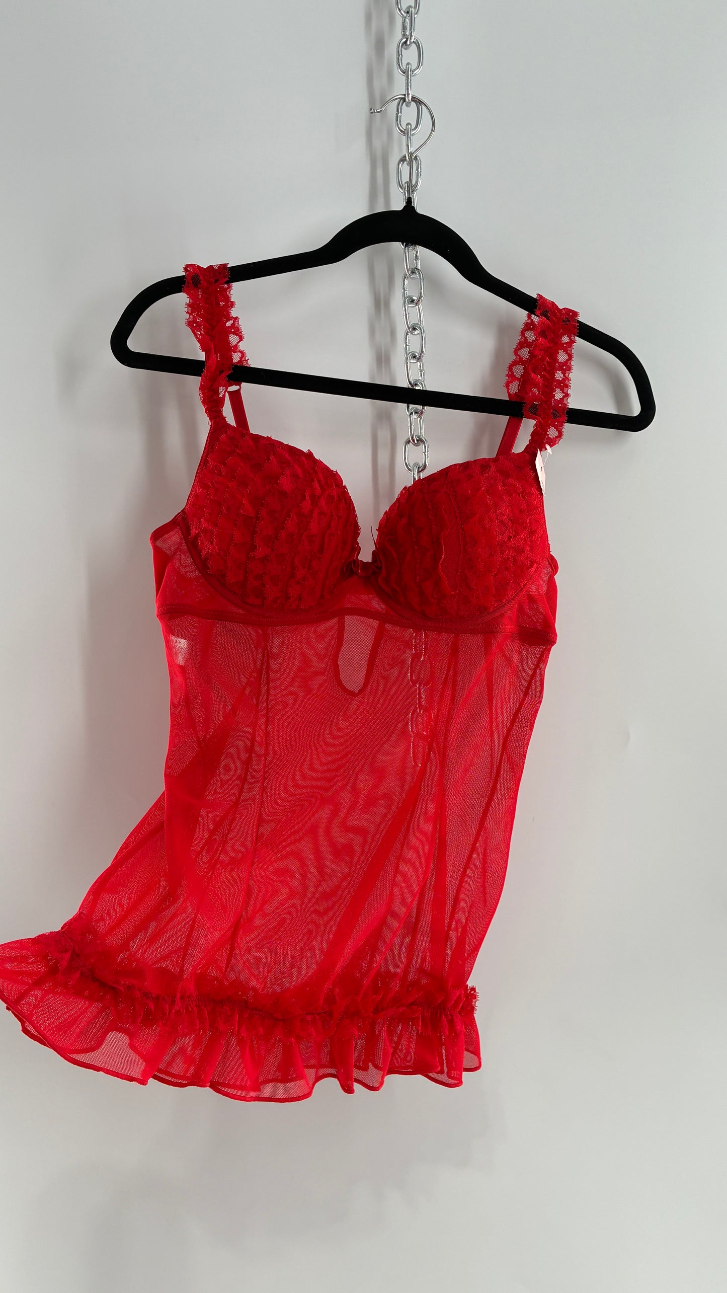Deadstock Vintage Babydoll Bustier with Ruffled Cups, Lace Straps and Ruffled Lace Hem (34C)