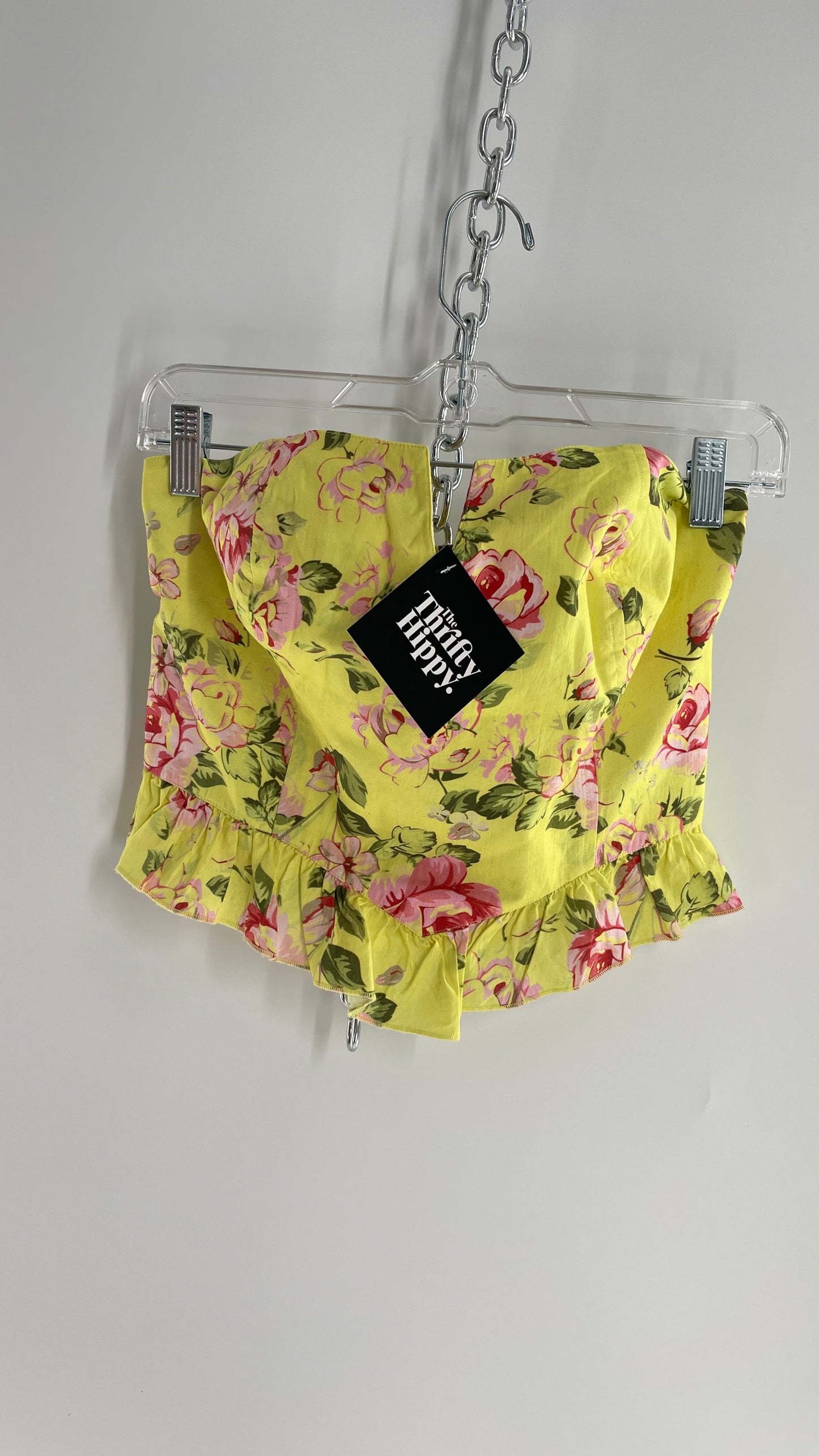 Upcycled Urban Outfitters Yellow Floral Corseted Top with Sweetheart Neckline and Ruffled Hem (Large)