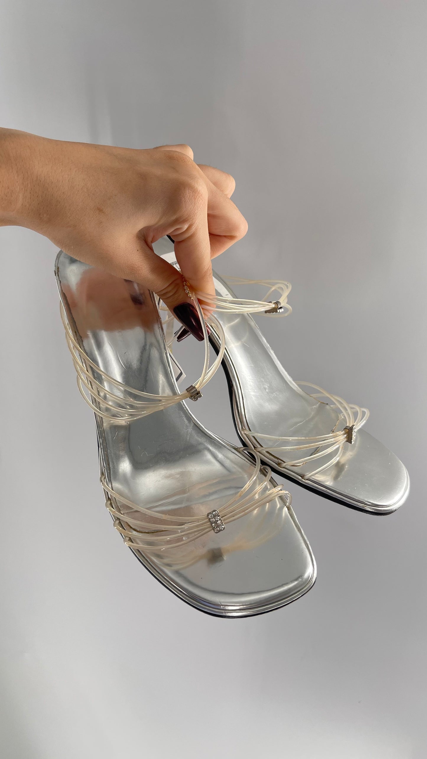 Vintage Valerie Steven’s Silver Kitten Heel with Translucent Straps, Lucite Heel and Rhinestone Detailing (7.5)