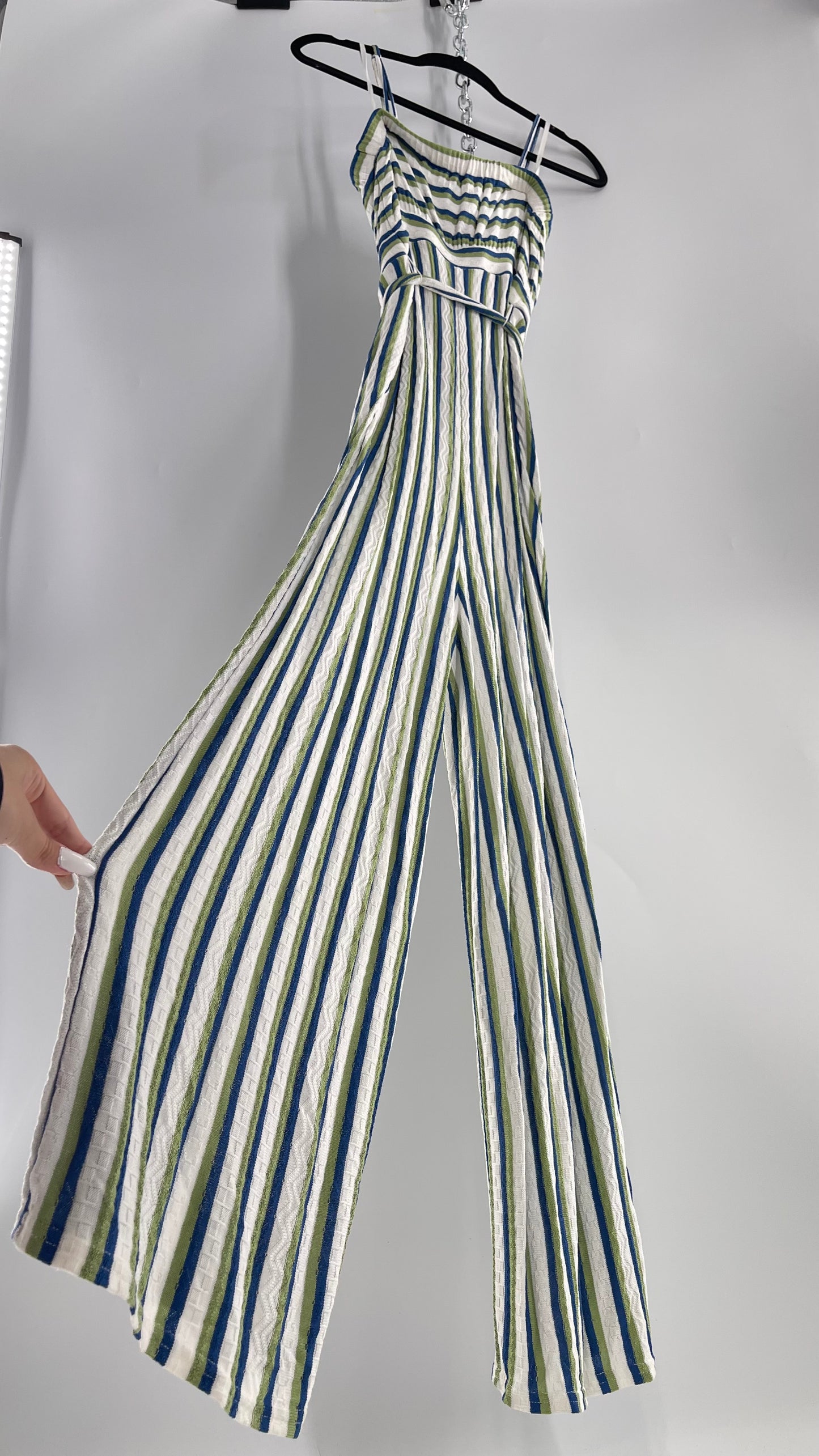 Maeve Anthropologie Woven Green/Blue/White Wide Leg Jumpsuit (Small)