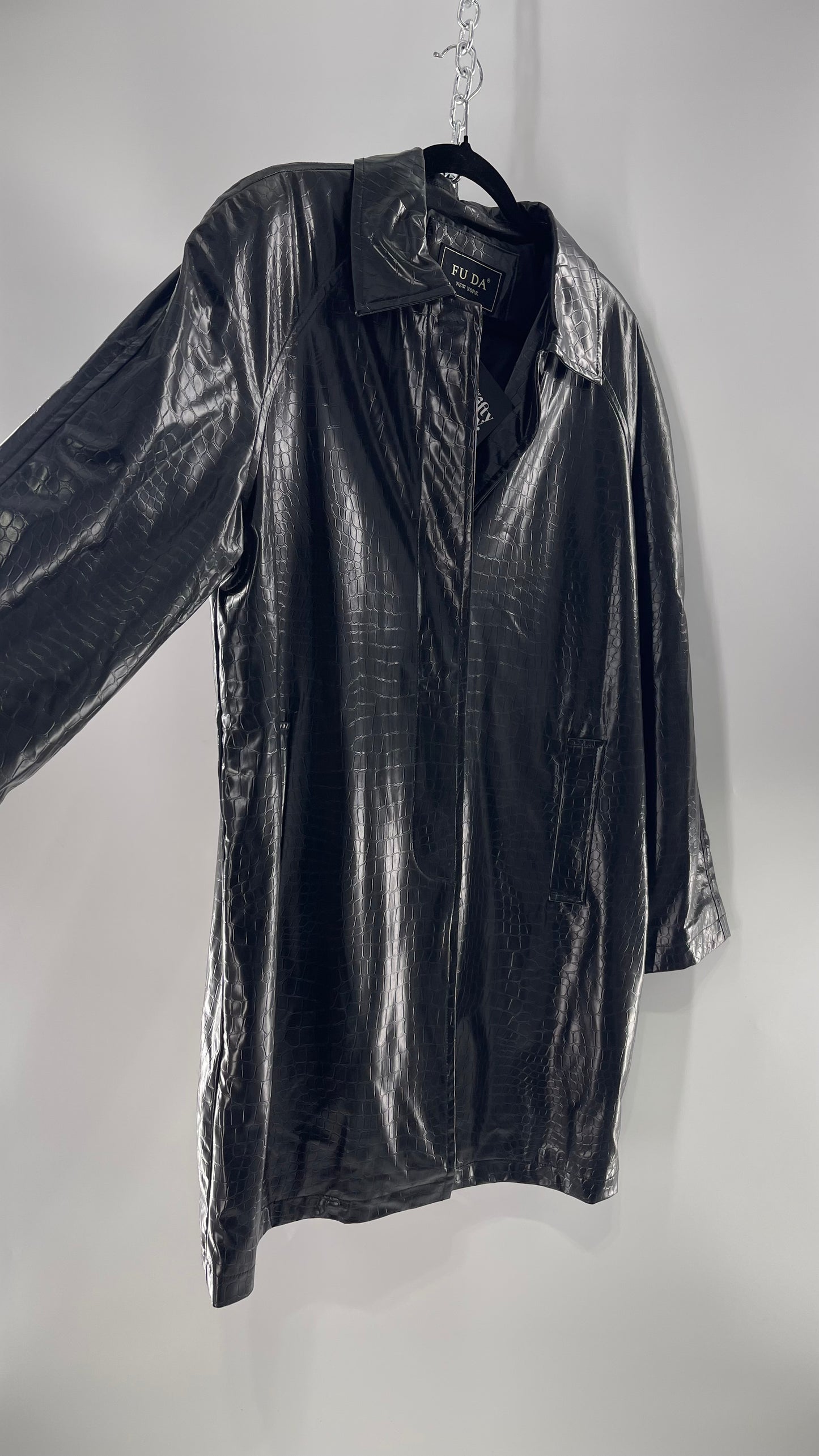 FU DA NEW YORK Black Crocodile Embossed Coat (C) (XL)