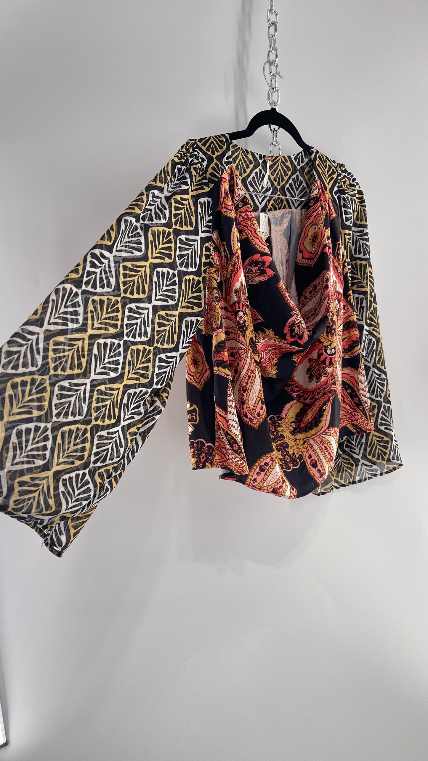 Free People Paisley Bodice Blouse with Sheer Contrast Sleeves, Draping Neckline and Tags Attached (Small)