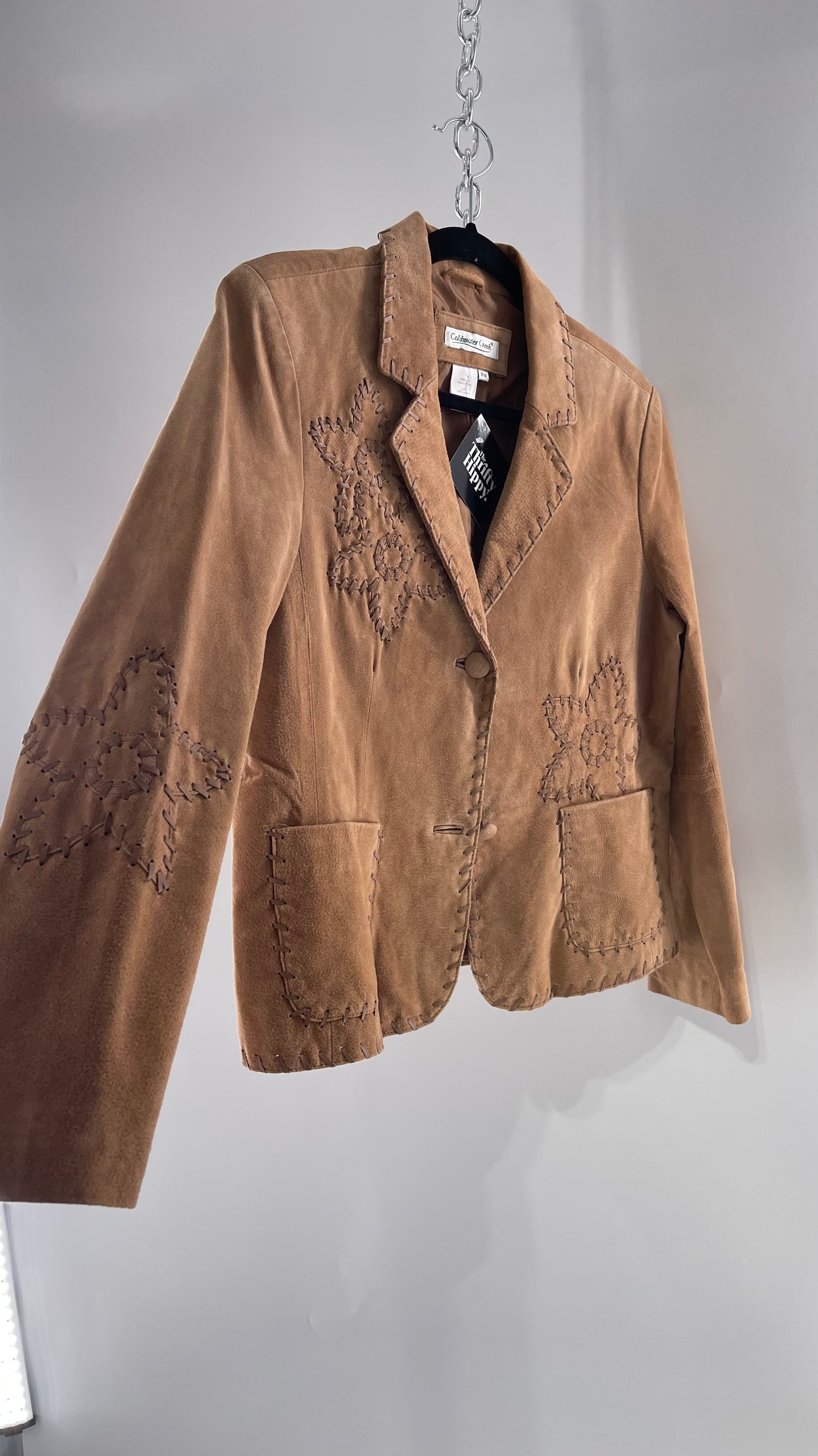 Vintage Rare Light Brown Genuine Suede Blazer with Embroidered Suede Flower and Contrasting Thick Leather Stitching (Medium)