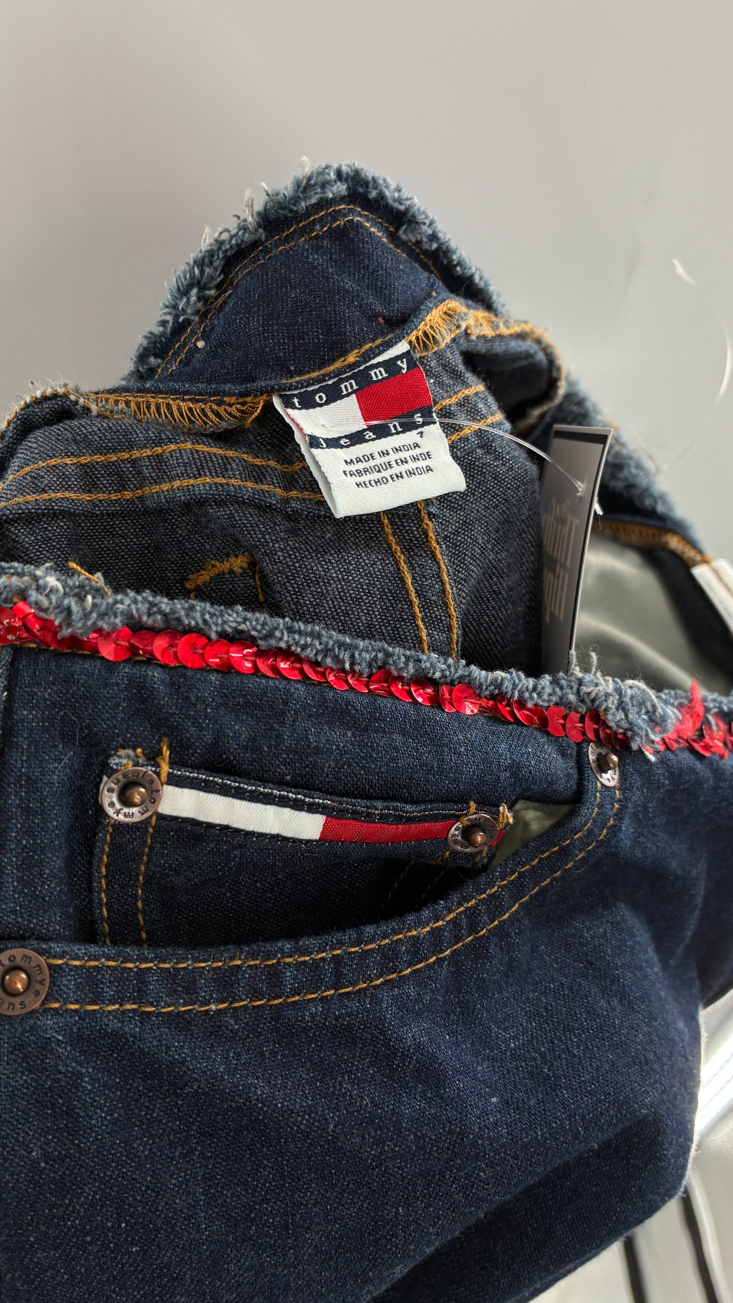 Vintage Tommy Hilfiger Low Rise Jeans with Frayed Waist Lined in Red Sequins (7)