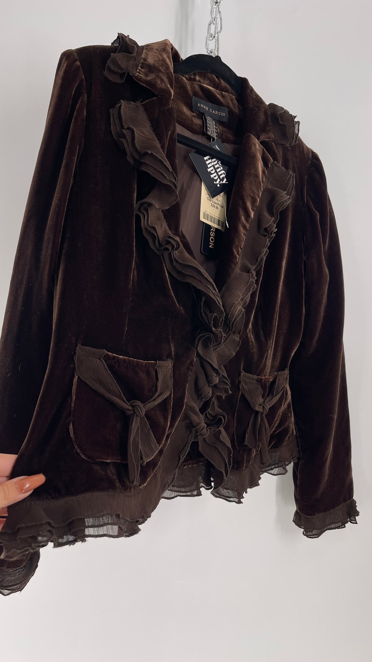 Deadstock Vintage Brown Velvet Anne Carson Blazer with Delicate Crepe Ruffled Hem and Bow Pockets (Medium)