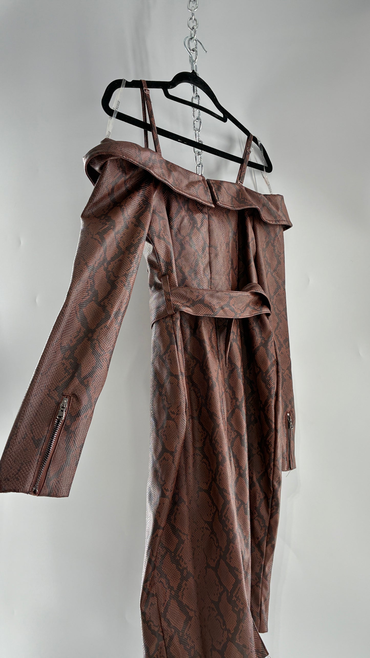 L’ATISTE Snakeskin Vegan Leather Moto Off the Shoulder, Knee High Dress (Medium)