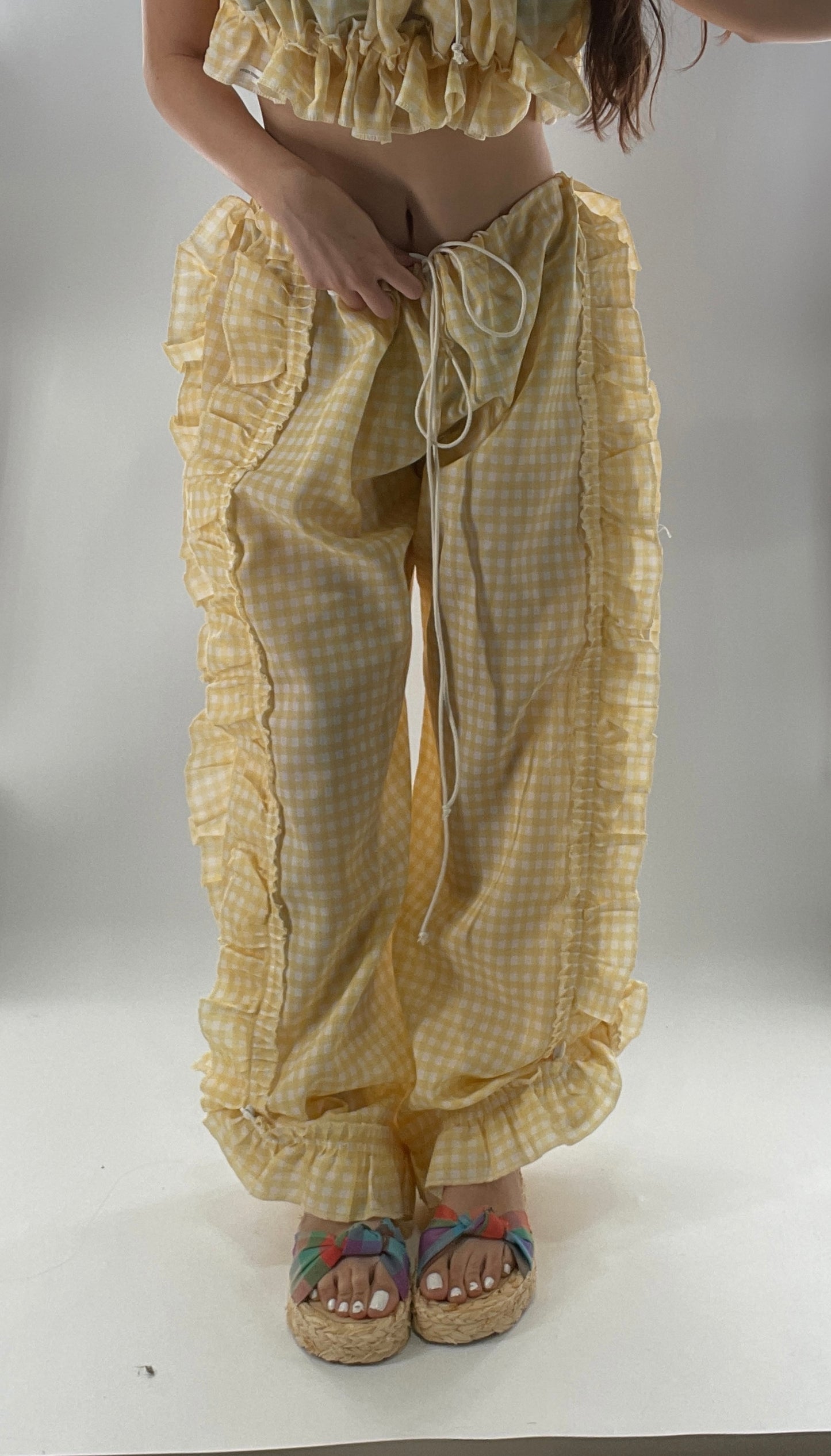 Vintage 2 Piece Yellow Checkered/Gingham Patterned Picnic Set with Ruched Bust Top and Ruffle Side Wide Legs with Adjustable Length, Strap Up Buttons on Hem (One Size)