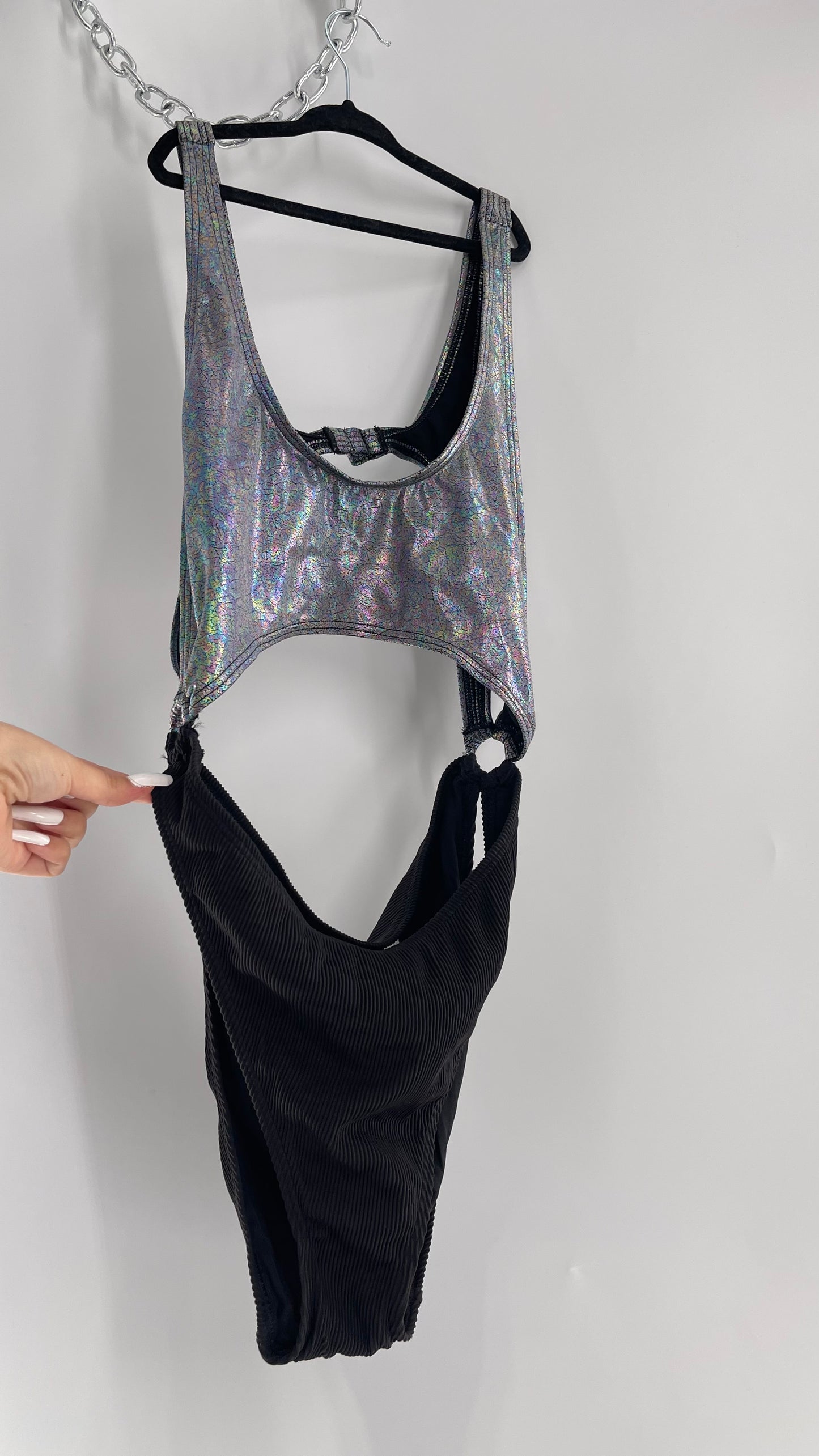 Urban Outfitters Out From Under Bathing Suit Metallic Gas Spill Top and Ribbed Black Bottom Connected by Rings (Large)