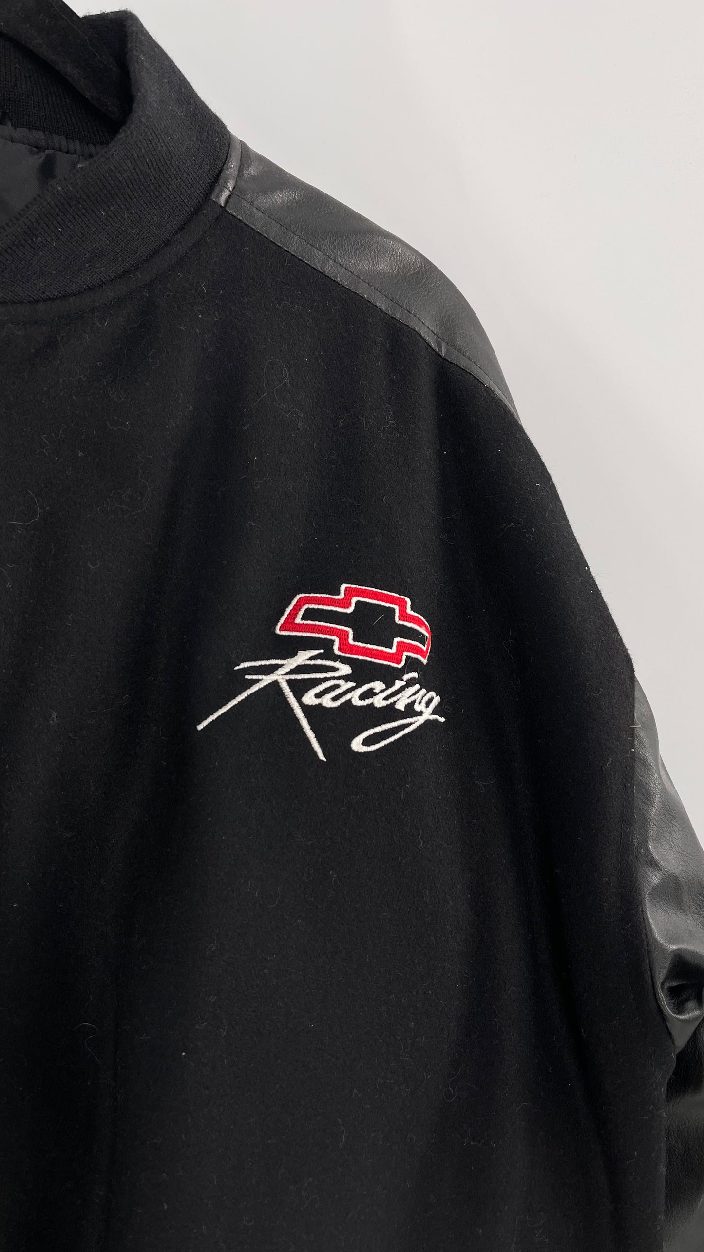 Vintage Chevy Racing Varsity Bomber Jacket with Red Logo Embroidery (Large)