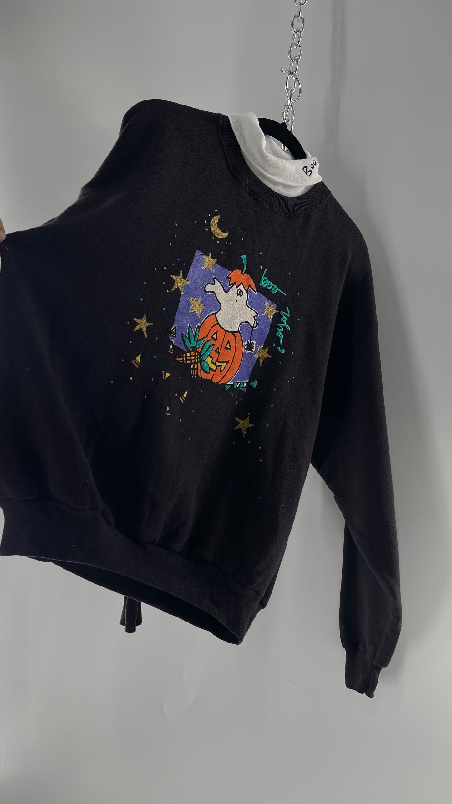 Vintage Black Halloween Graphic Crewneck with White Turtleneck Detail and Boo Embroidery (Large)