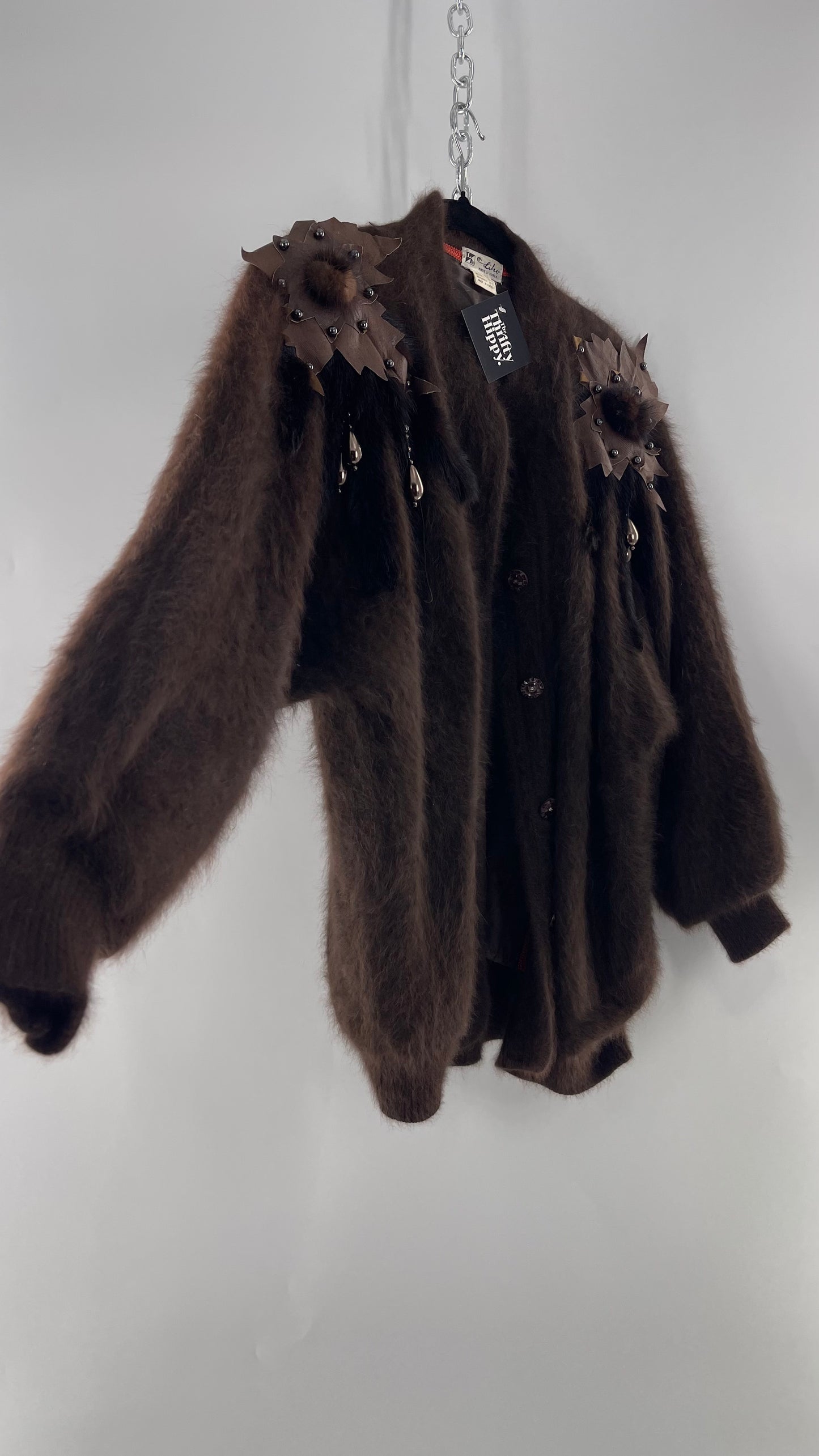 Liho Korean Vintage Brown Cardigan with Leather, Fur and Beaded Detailing 15% Wool 75% Angora  (C)(Medium)