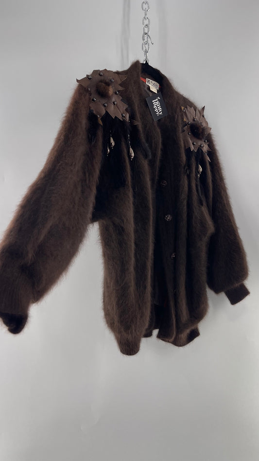 Liho Korean Vintage Brown Cardigan with Leather, Fur and Beaded Detailing 15% Wool 75% Angora  (C)(Medium)