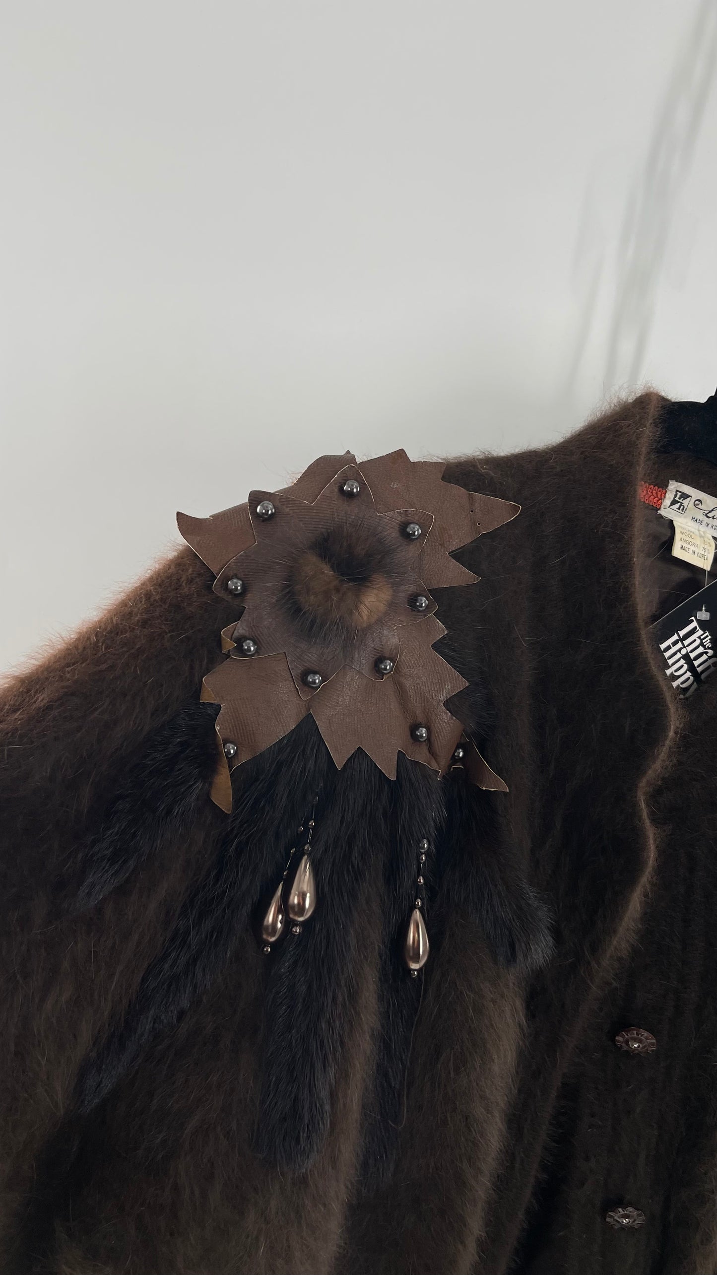 Liho Korean Vintage Brown Cardigan with Leather, Fur and Beaded Detailing 15% Wool 75% Angora  (C)(Medium)
