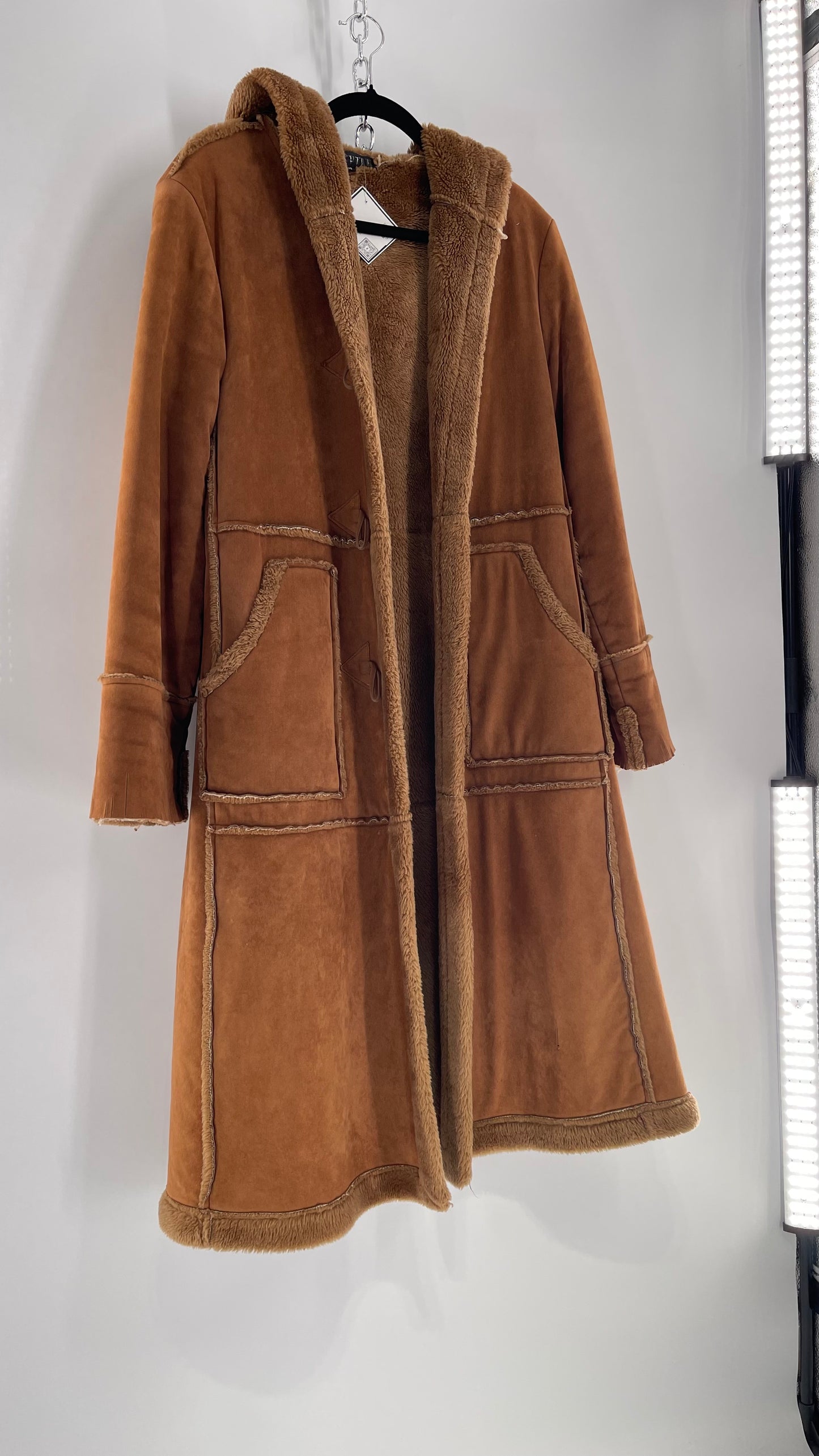 Vintage Faux Suede Long Hooded Coat with Fur Trim/Piping (C)(Medium)
