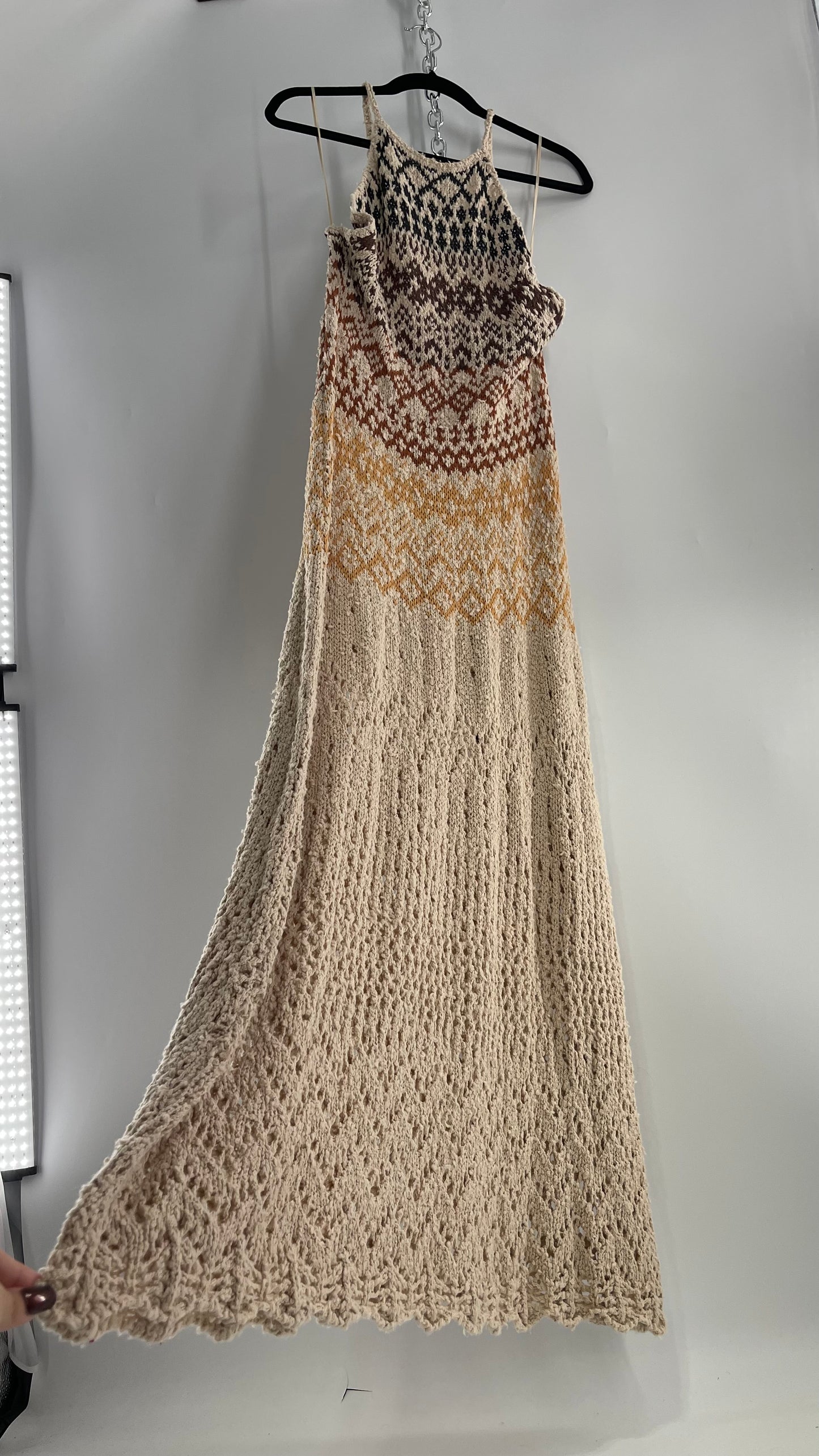 Free People Beige Ikat Oasis Knit Halter Maxi Dress (Small)