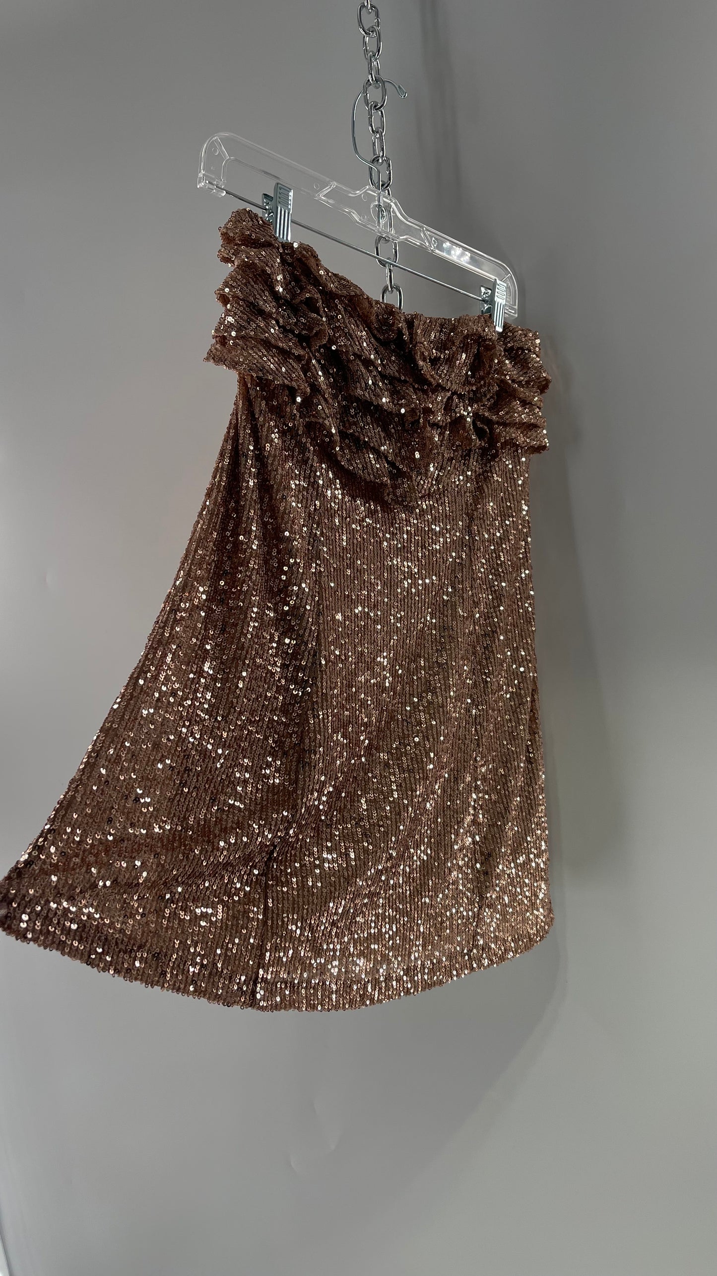 Free People Rose Gold Sequin Mini Dress with Ruffled Bust and Statement Back Zipper (4)