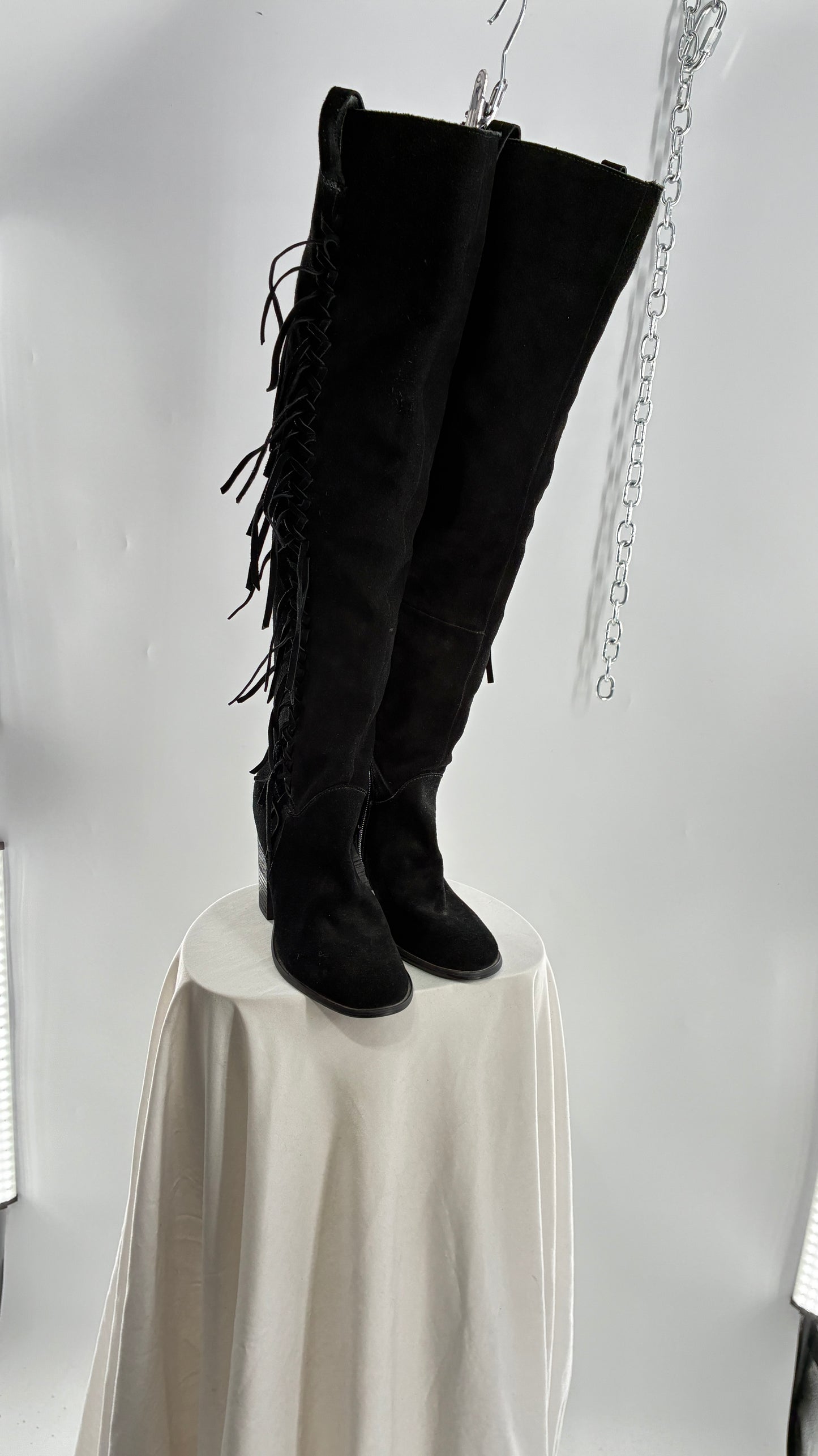 Vintage CARLOS SANTANA Genuine Suede Leather Thigh High Tassel, Fringe Side Boots (7.5)