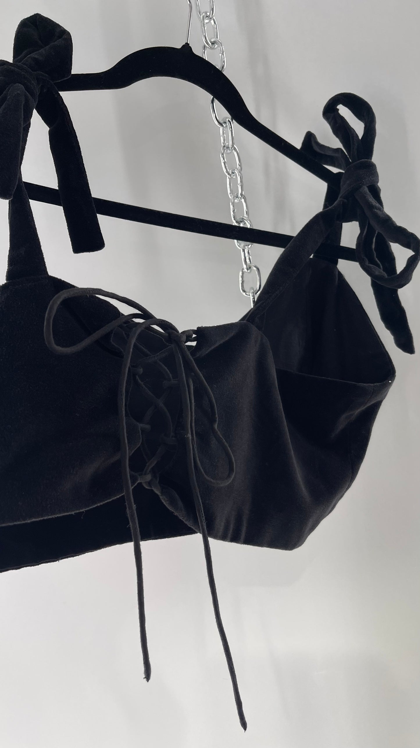 Letmebe Anthropologie Black Velvet Cropped Tank with Delicate, Romantic Tie Shoulders and Lace Up Back (XL)