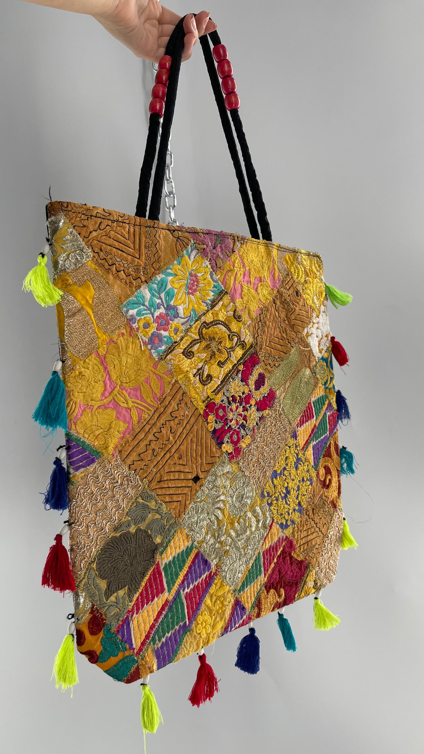 Imported Golden Yellow Patchwork Tote from Brazil with Tassel Detailing