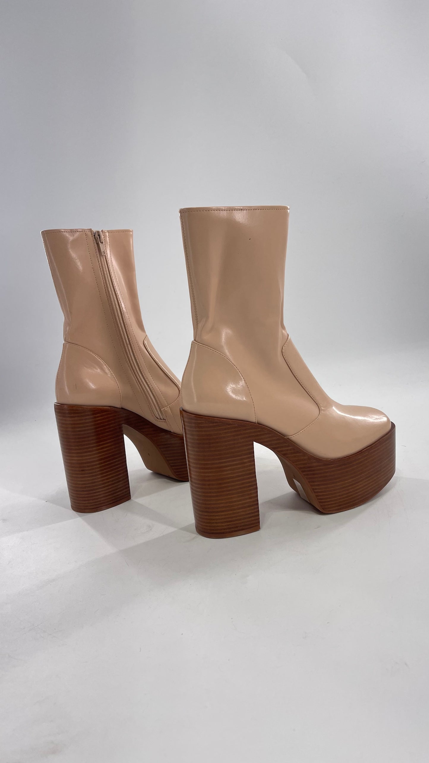 Free People X Jeffrey Campbell Mexique GoGo Boots • Beige Patent Boot with Wood Grain Chunky Block Heel and Platform (9)