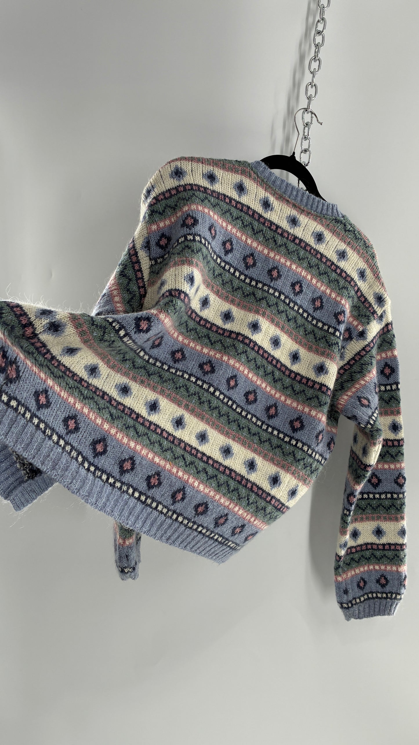 Vintage LL Bean 25% Mohair Striped Knit Blue Green Pink Cardigan (XL)