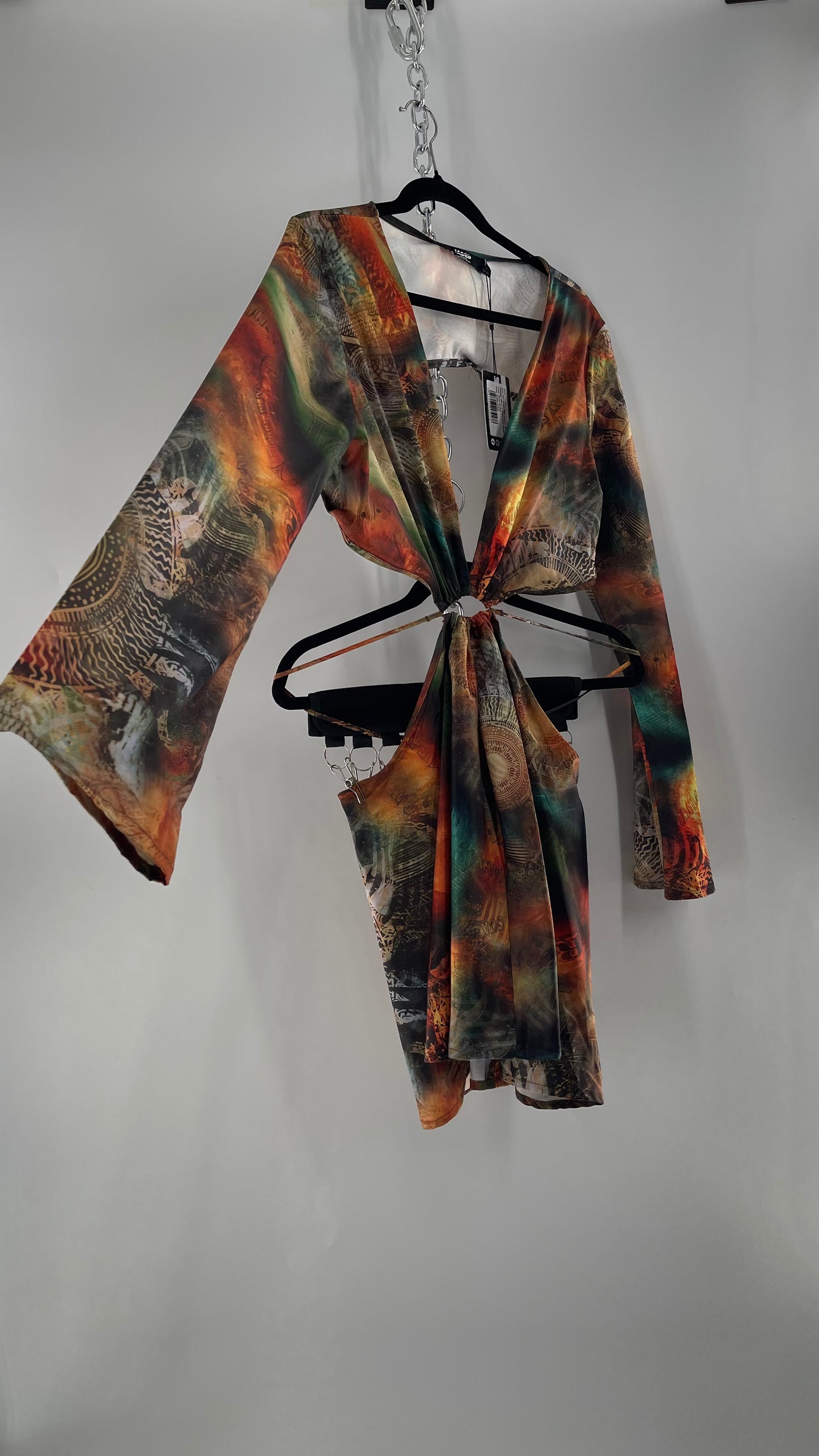 Jaded London Graphic Green, Orange, Yellow Dress with Bell Sleeves, Cut Out Waist and Straps (10)